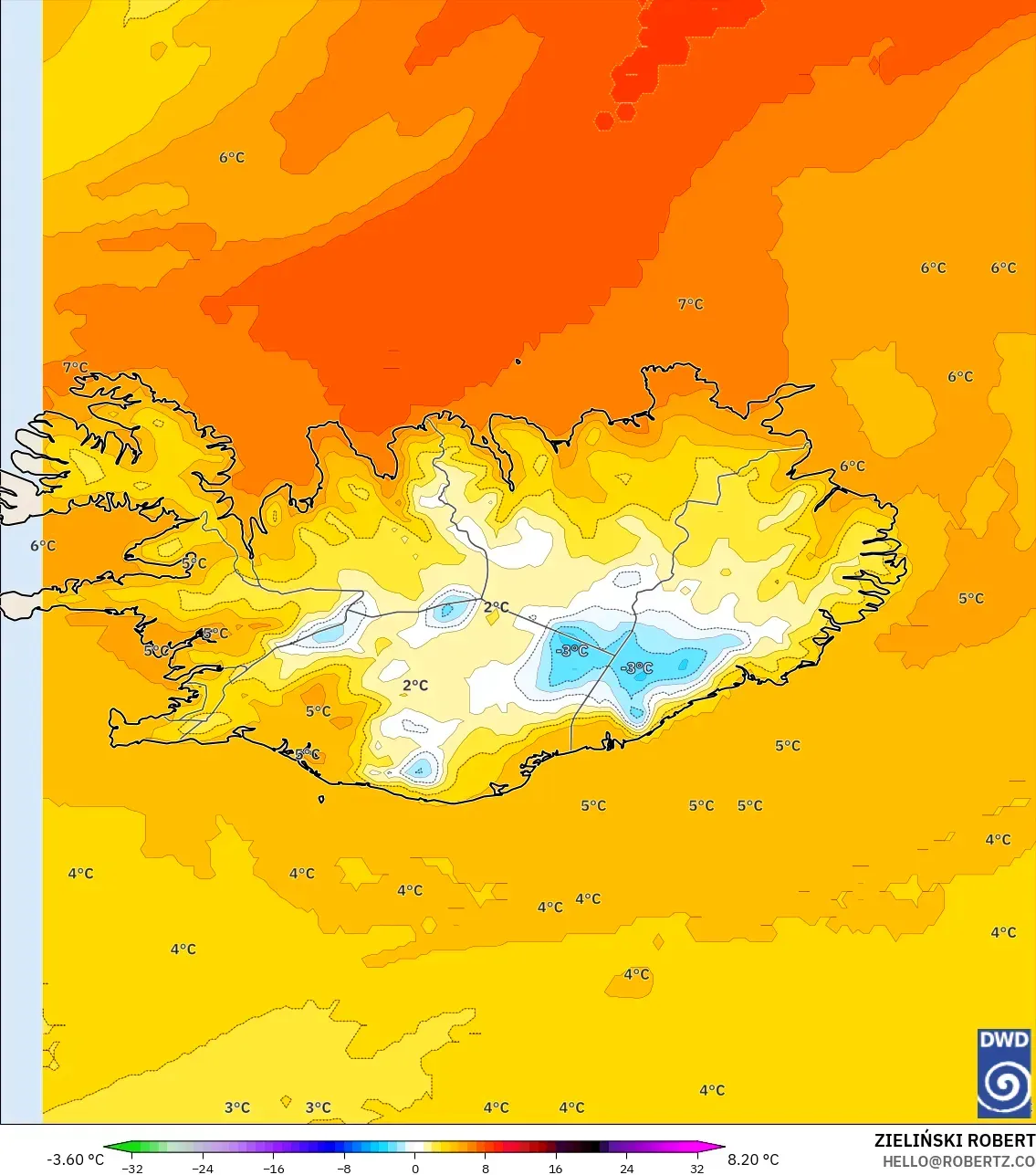 ICON modelo - Islandia, Anomalía de temperatura a 850 hPa