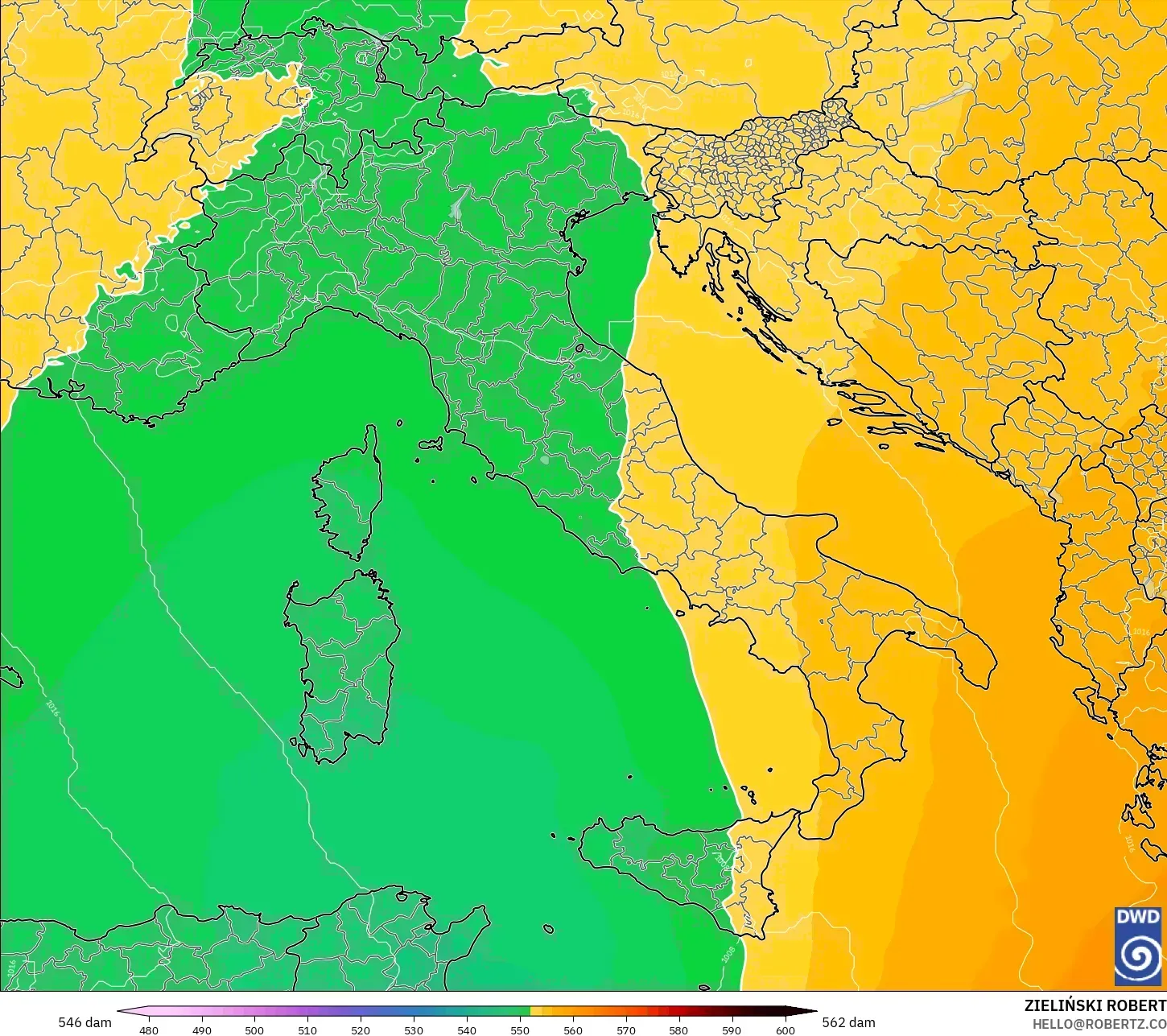 ICON modelo - Italia, Altura geopotencial a 500 hPa