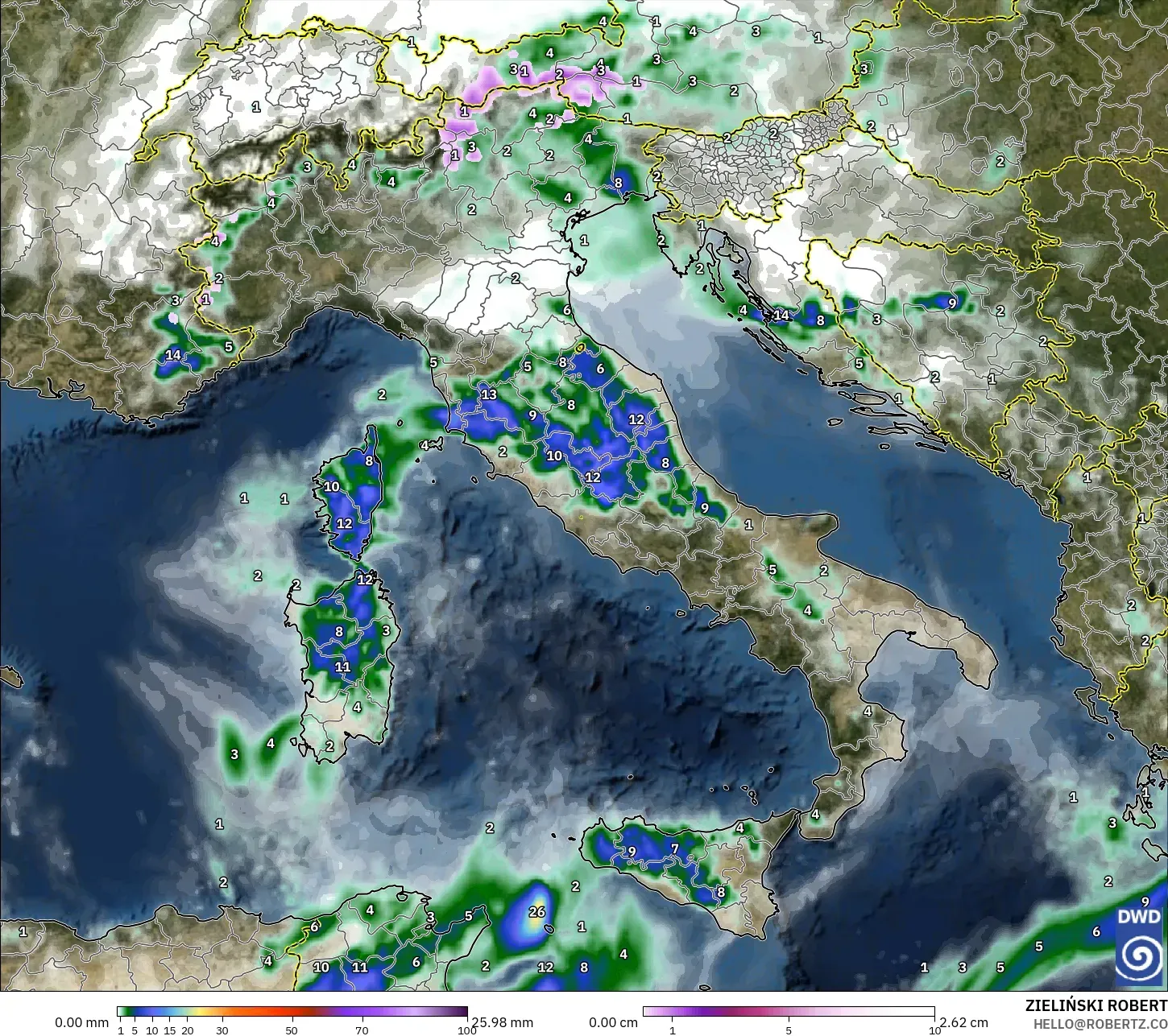 ICON modelo - Italia, Precipitación, nubes y presión
