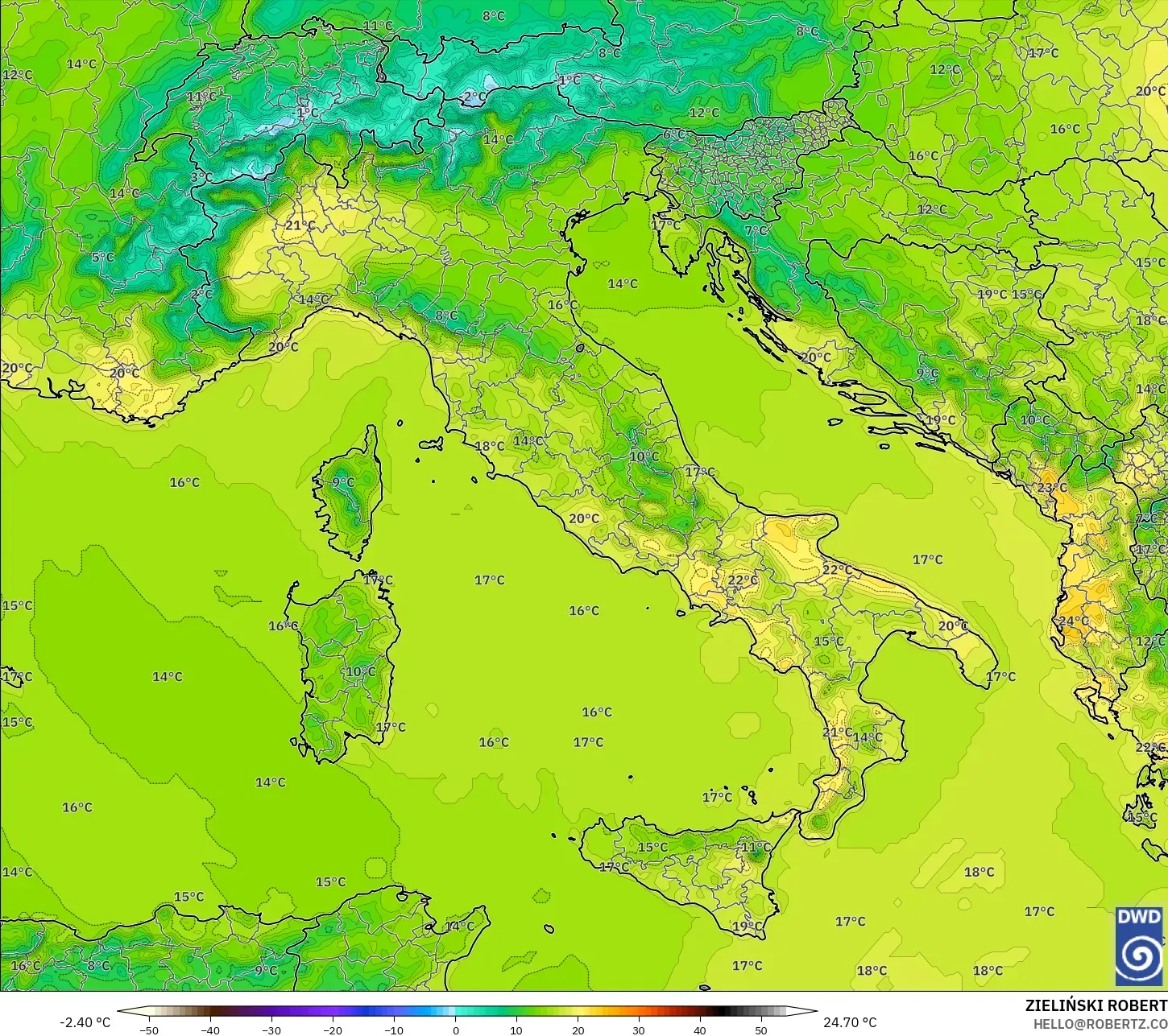 ICON modelo - Italia, Temperatura a 2 m