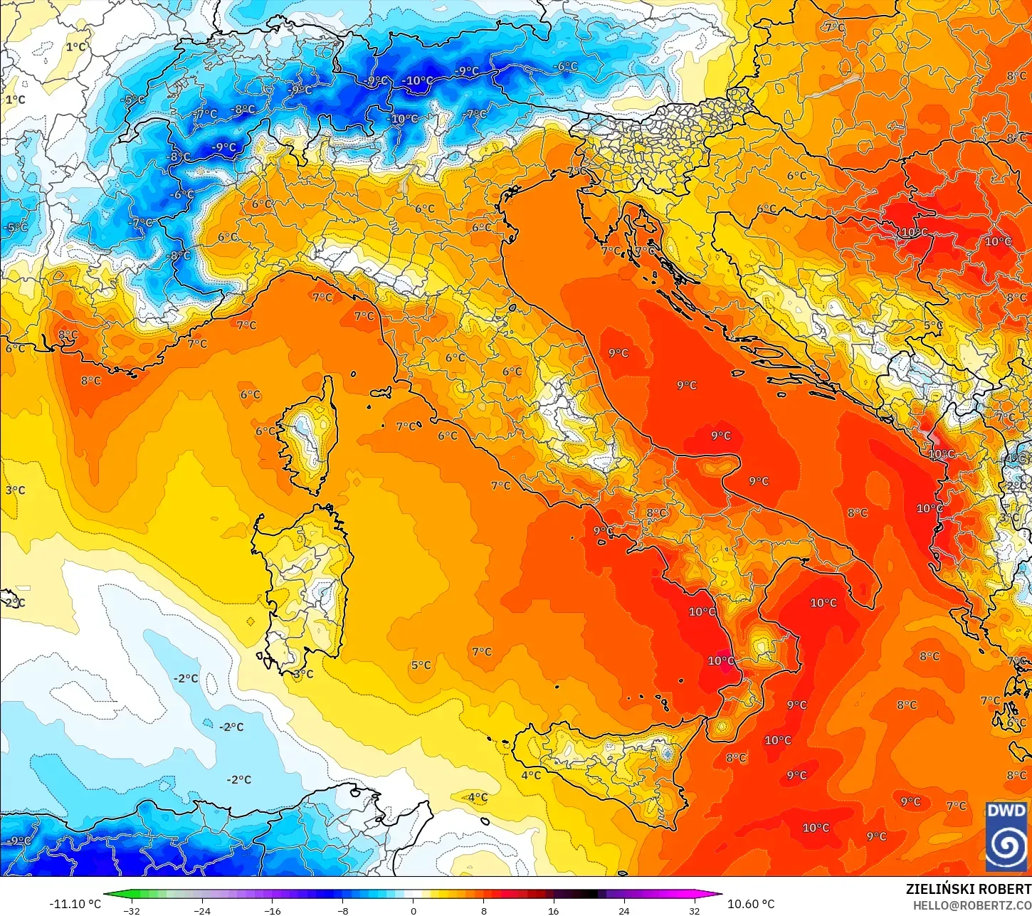 ICON modelo - Italia, Anomalía de temperatura a 850 hPa