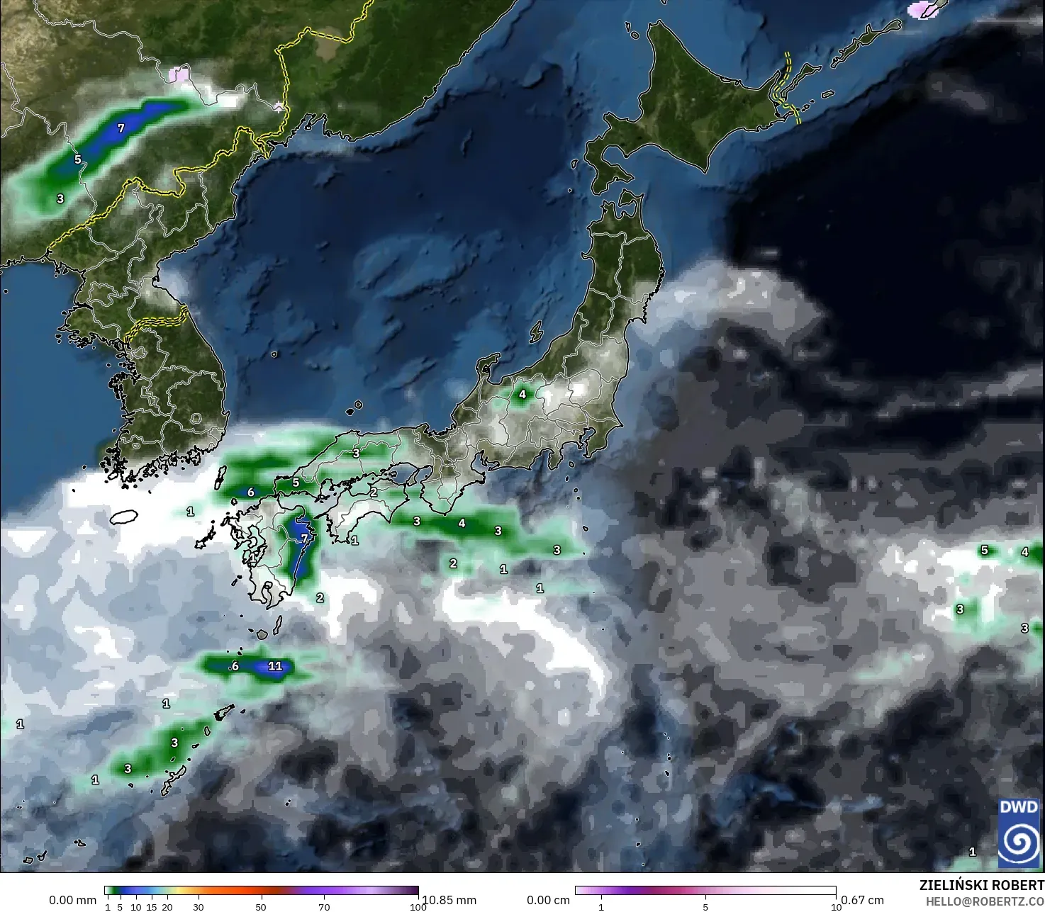 ICON modelo - Japón, Precipitación, nubes y presión
