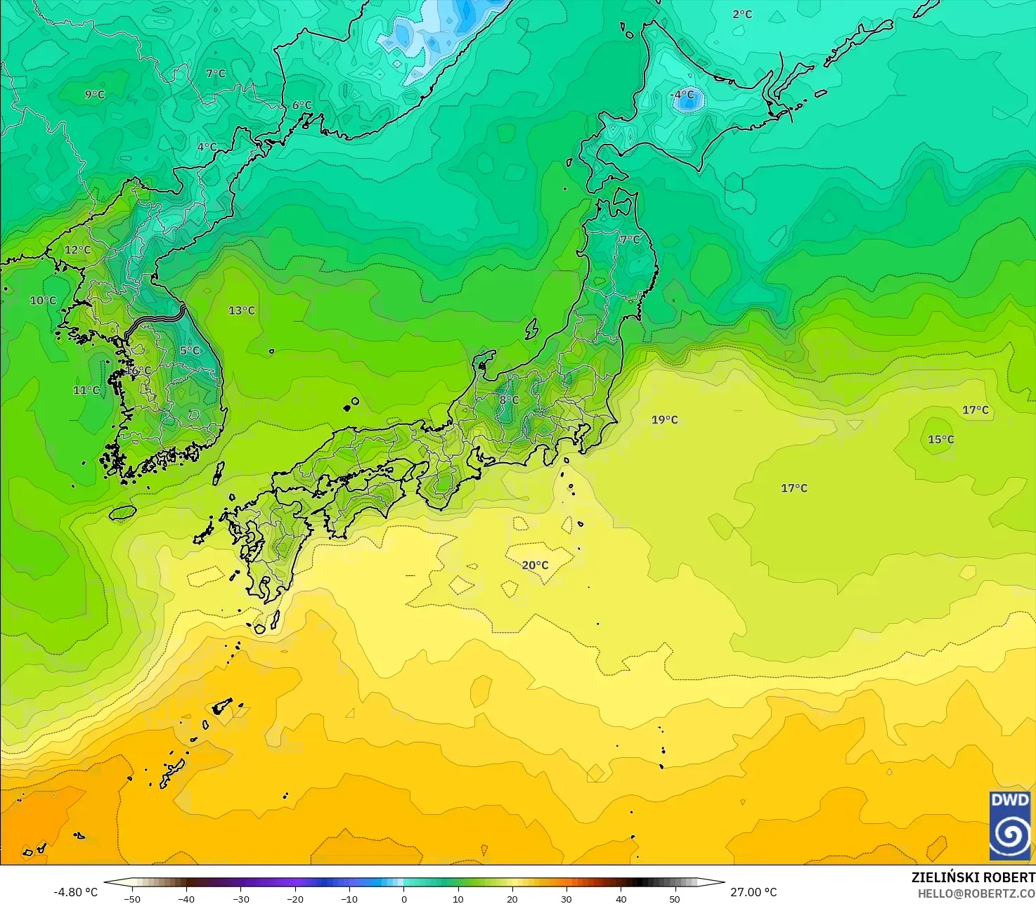 ICON modelo - Japón, Temperatura a 2 m