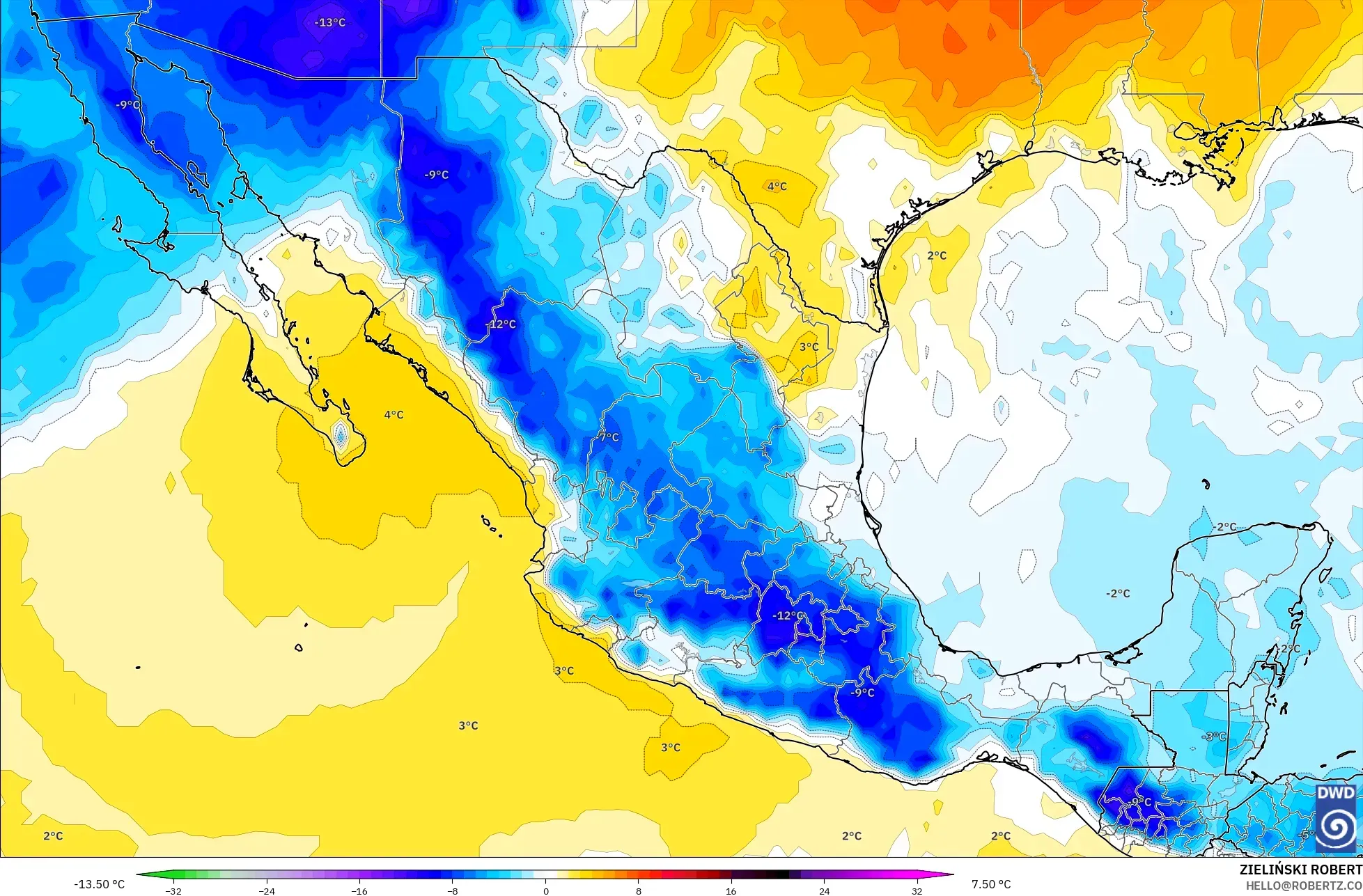 ICON modelo - México, Anomalía de temperatura a 850 hPa