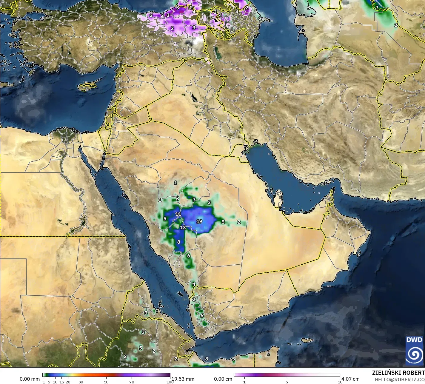 ICON modelo - Oriente Medio, Precipitación, nubes y presión