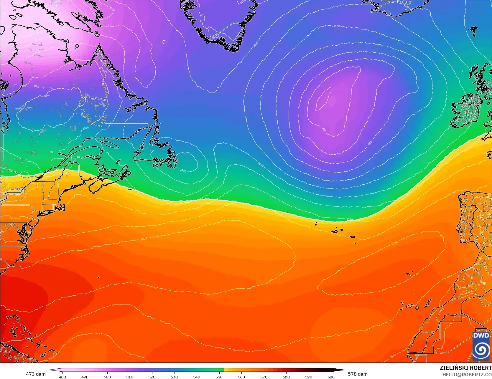 ICON modelo - Norte Atlántico, Altura geopotencial a 500 hPa