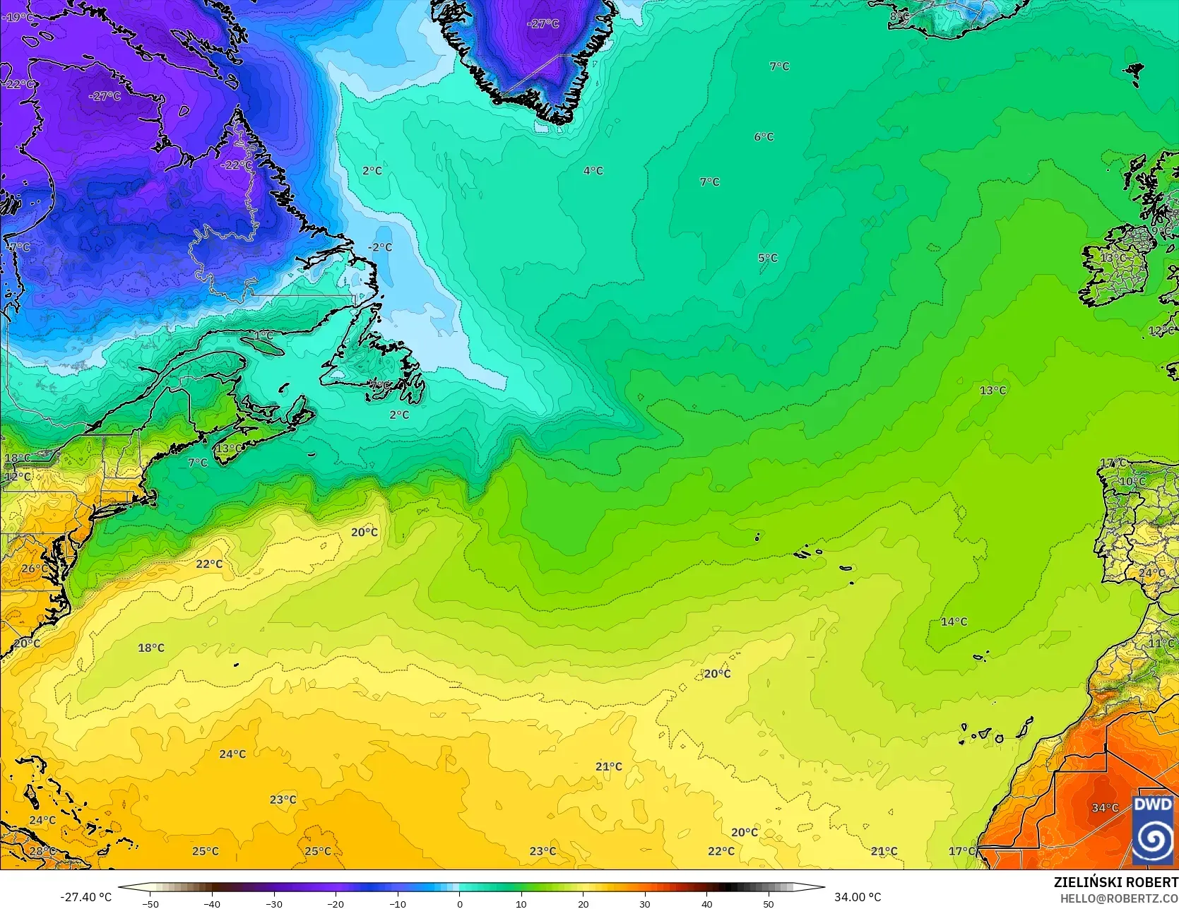 ICON modelo - Norte Atlántico, Temperatura a 2 m