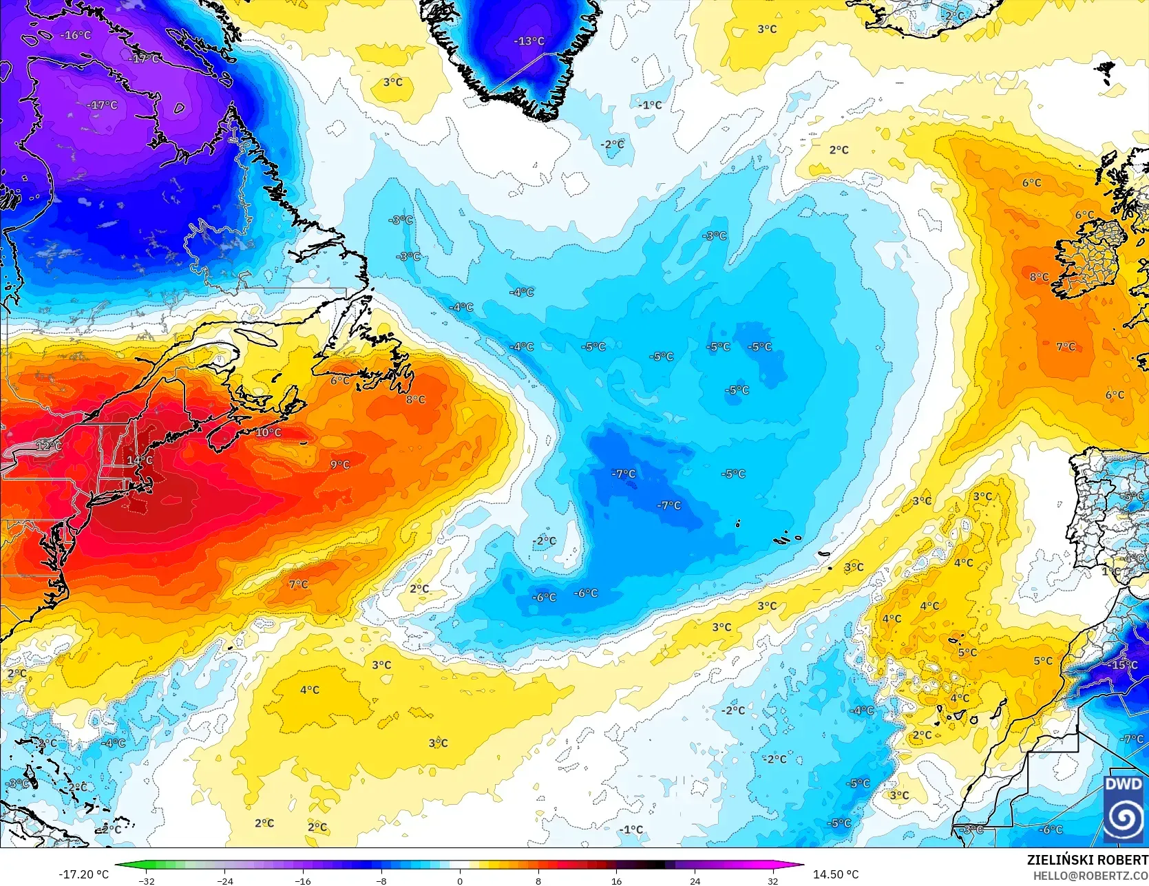ICON modelo - Norte Atlántico, Anomalía de temperatura a 850 hPa