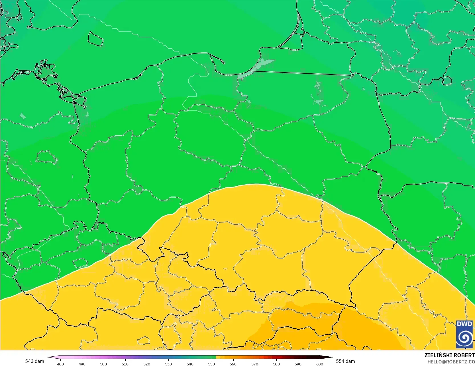 ICON modelo - Polonia, Altura geopotencial a 500 hPa