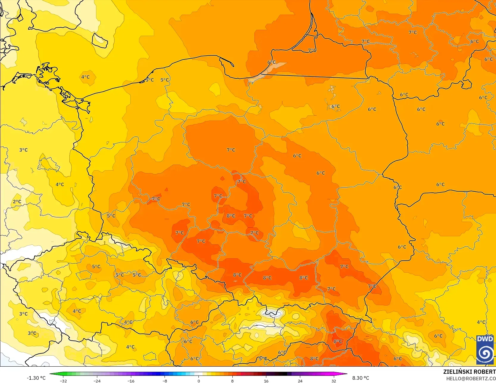 ICON modelo - Polonia, Anomalía de temperatura a 850 hPa