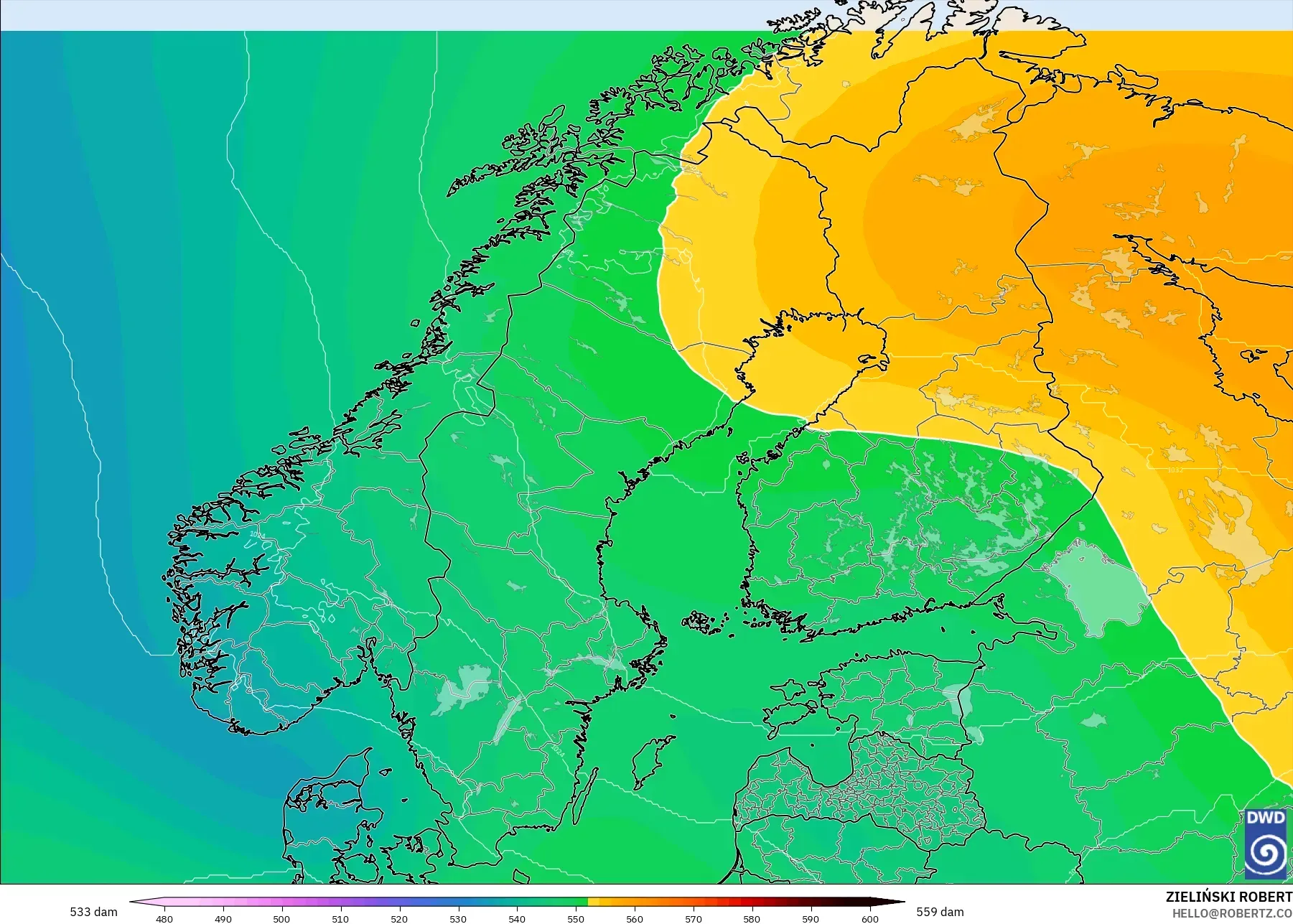 ICON modelo - Escandinavia, Altura geopotencial a 500 hPa