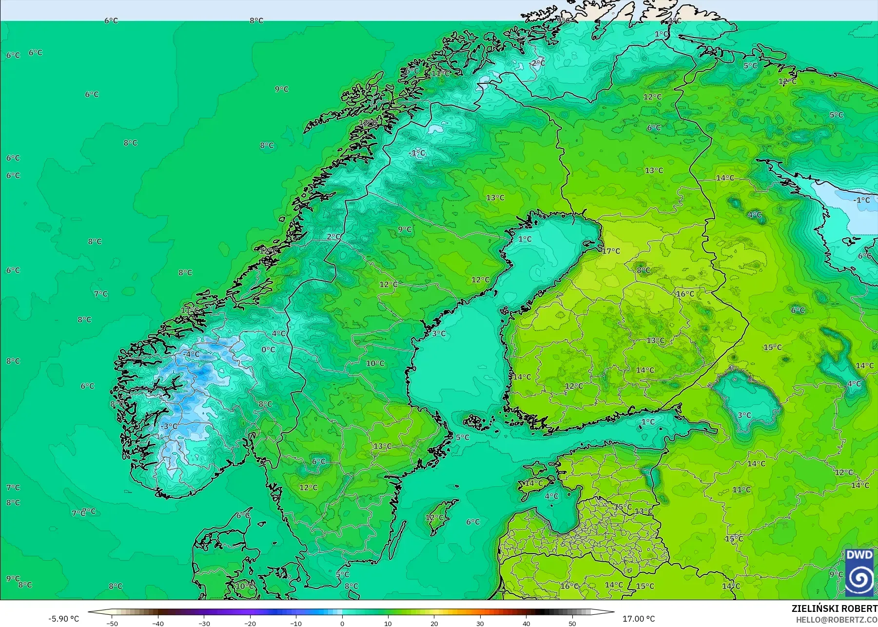 ICON modelo - Escandinavia, Temperatura a 2 m