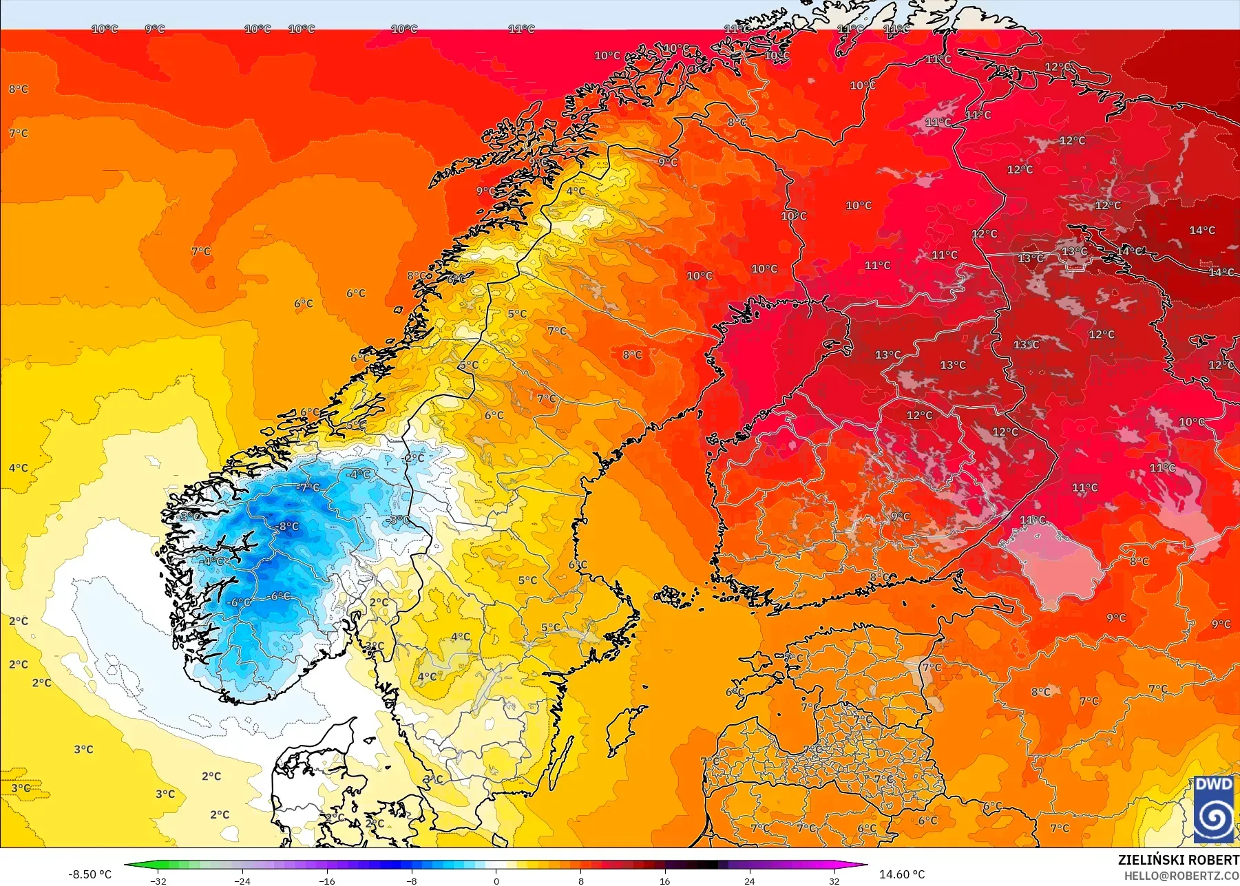 ICON modelo - Escandinavia, Anomalía de temperatura a 850 hPa