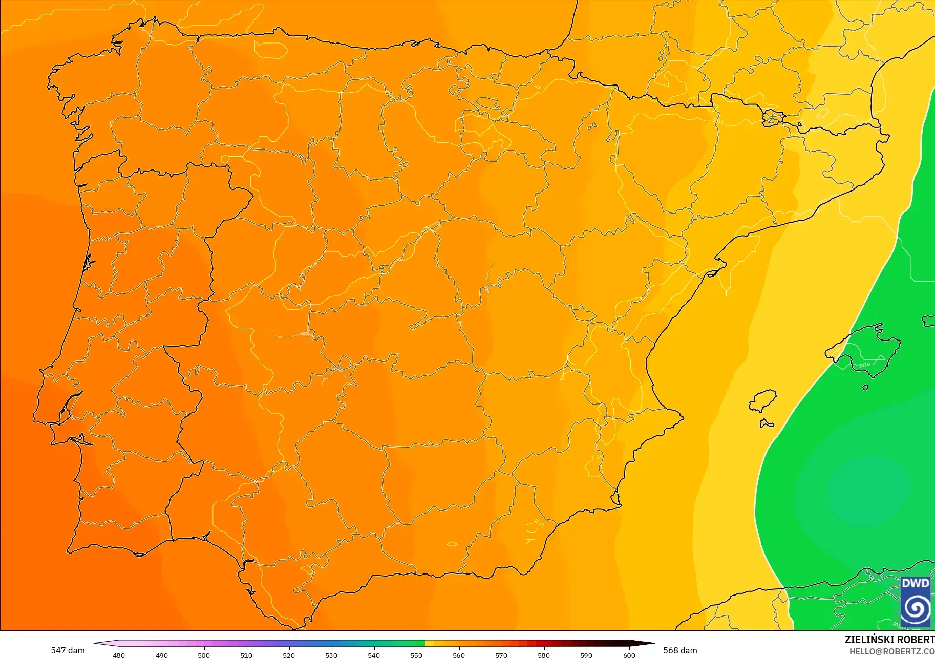 ICON modelo - España, Altura geopotencial a 500 hPa