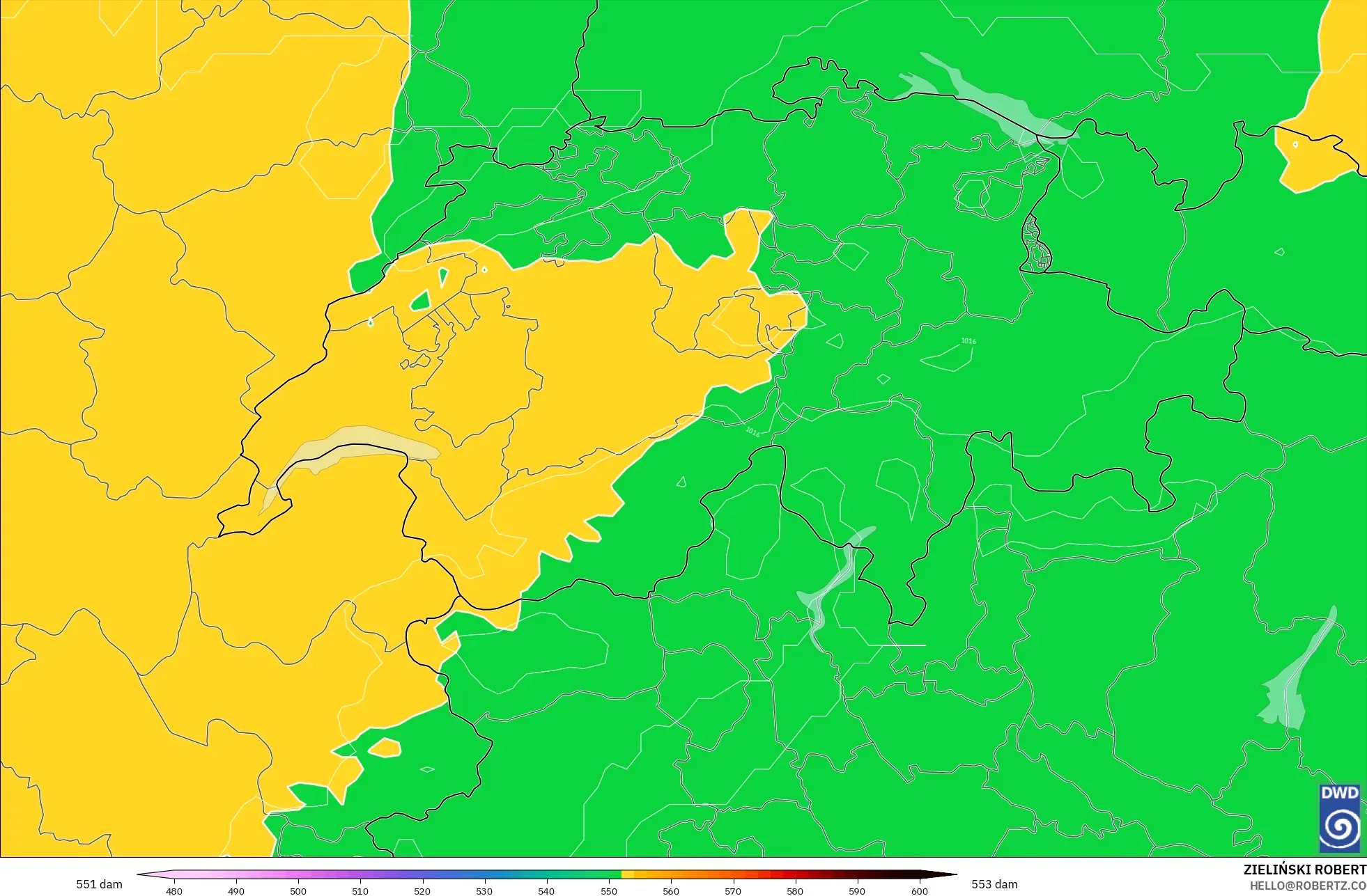 ICON modelo - Suiza, Altura geopotencial a 500 hPa