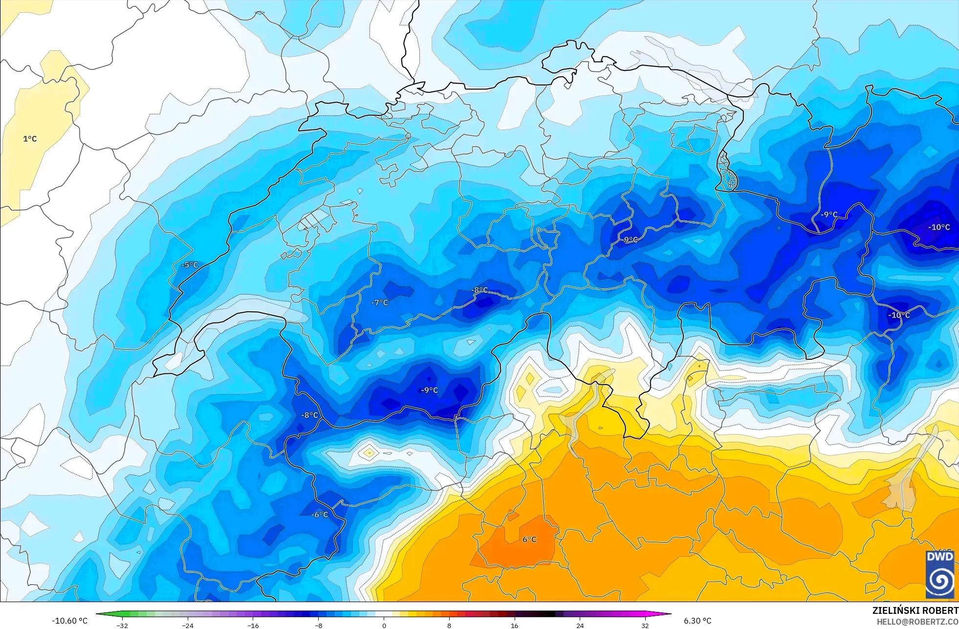 ICON modelo - Suiza, Anomalía de temperatura a 850 hPa
