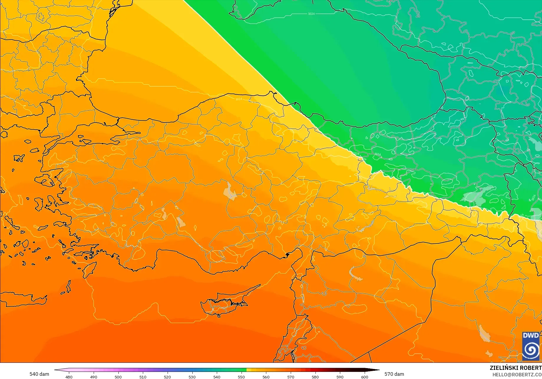 ICON modelo - Turquía, Altura geopotencial a 500 hPa