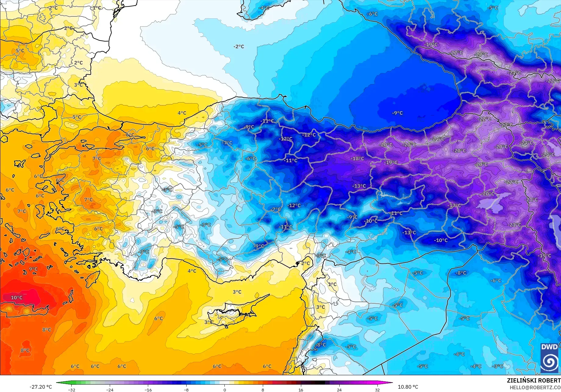 ICON modelo - Turquía, Anomalía de temperatura a 850 hPa