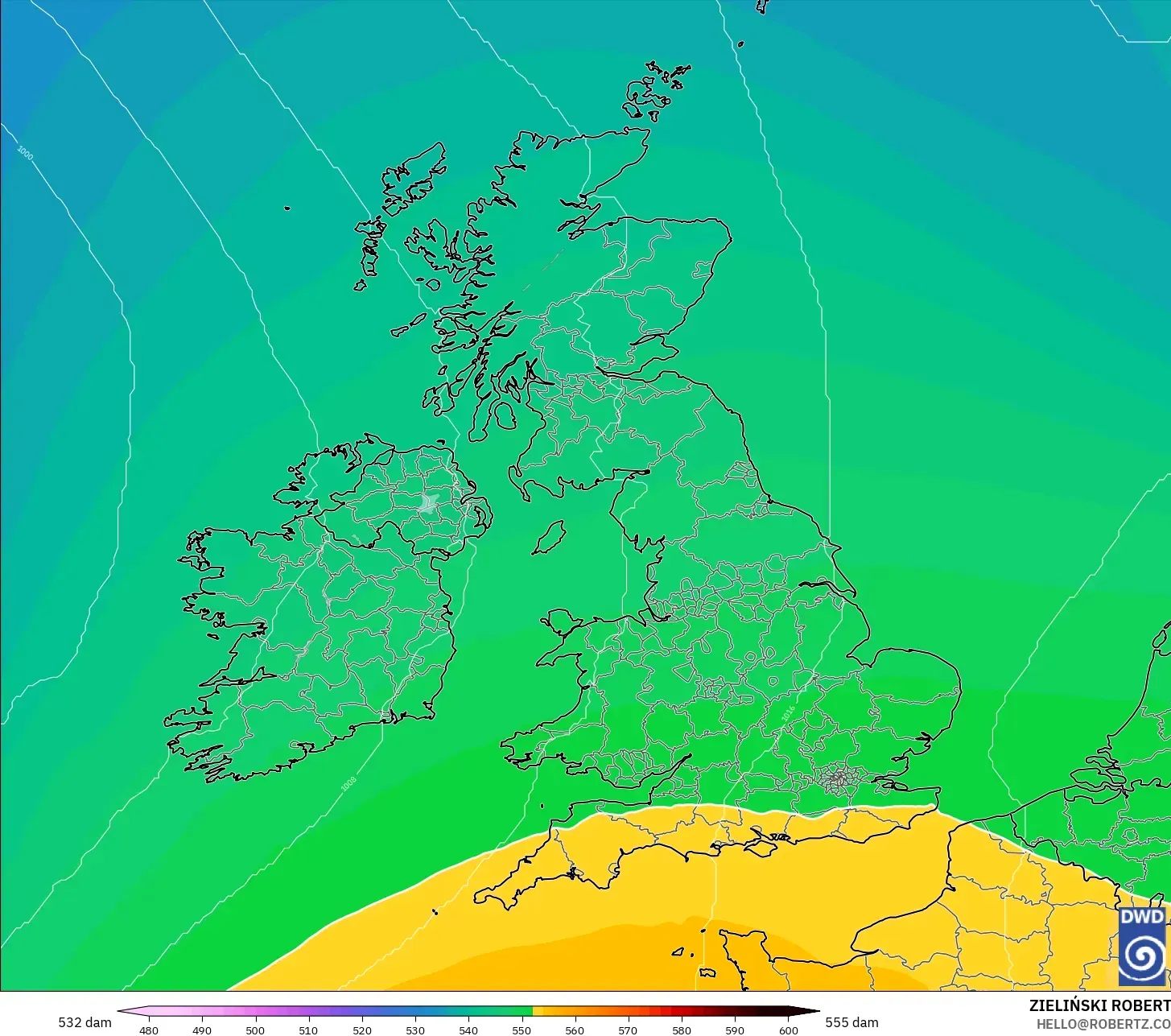 ICON modelo - Reino Unido, Altura geopotencial a 500 hPa