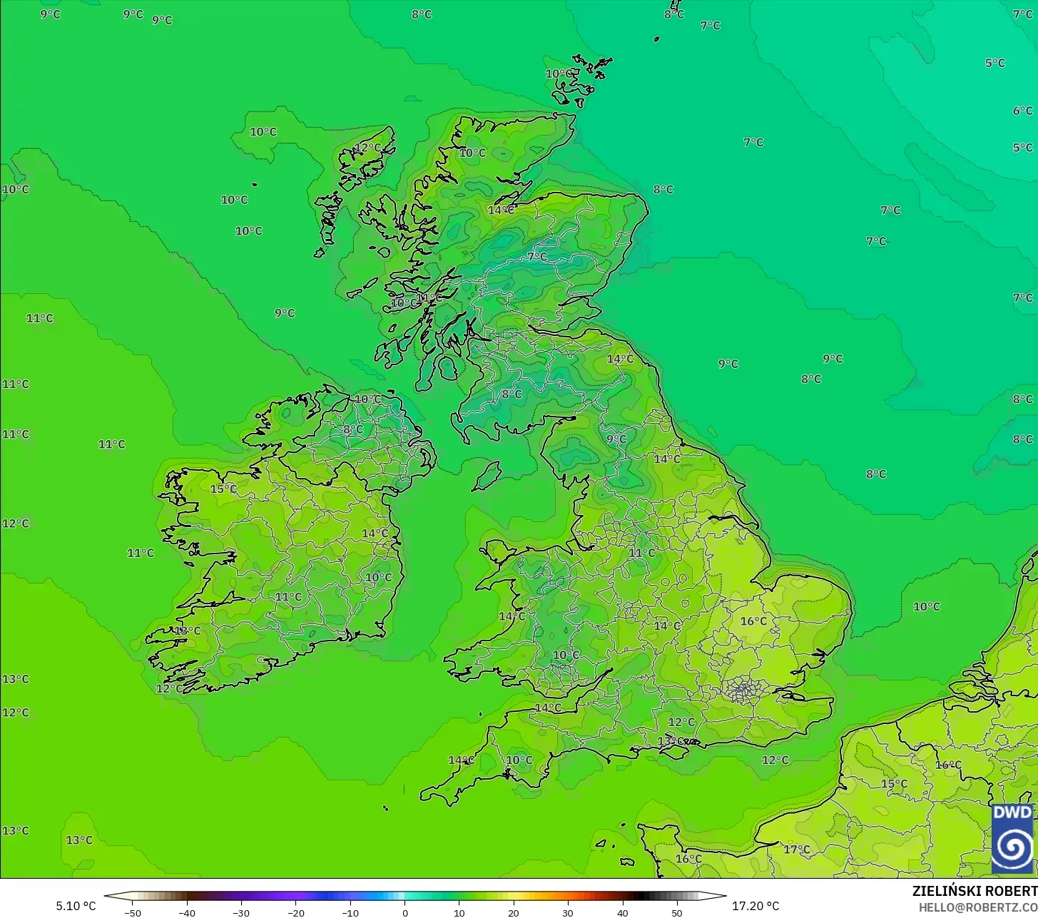 ICON modelo - Reino Unido, Temperatura a 2 m