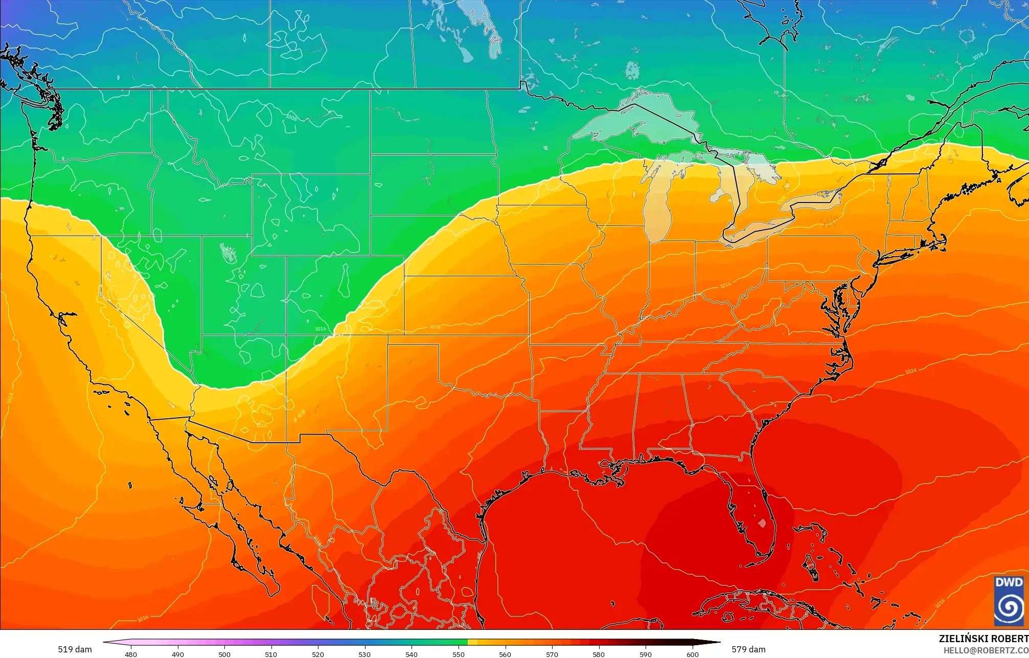 ICON modelo - Estados Unidos, Altura geopotencial a 500 hPa