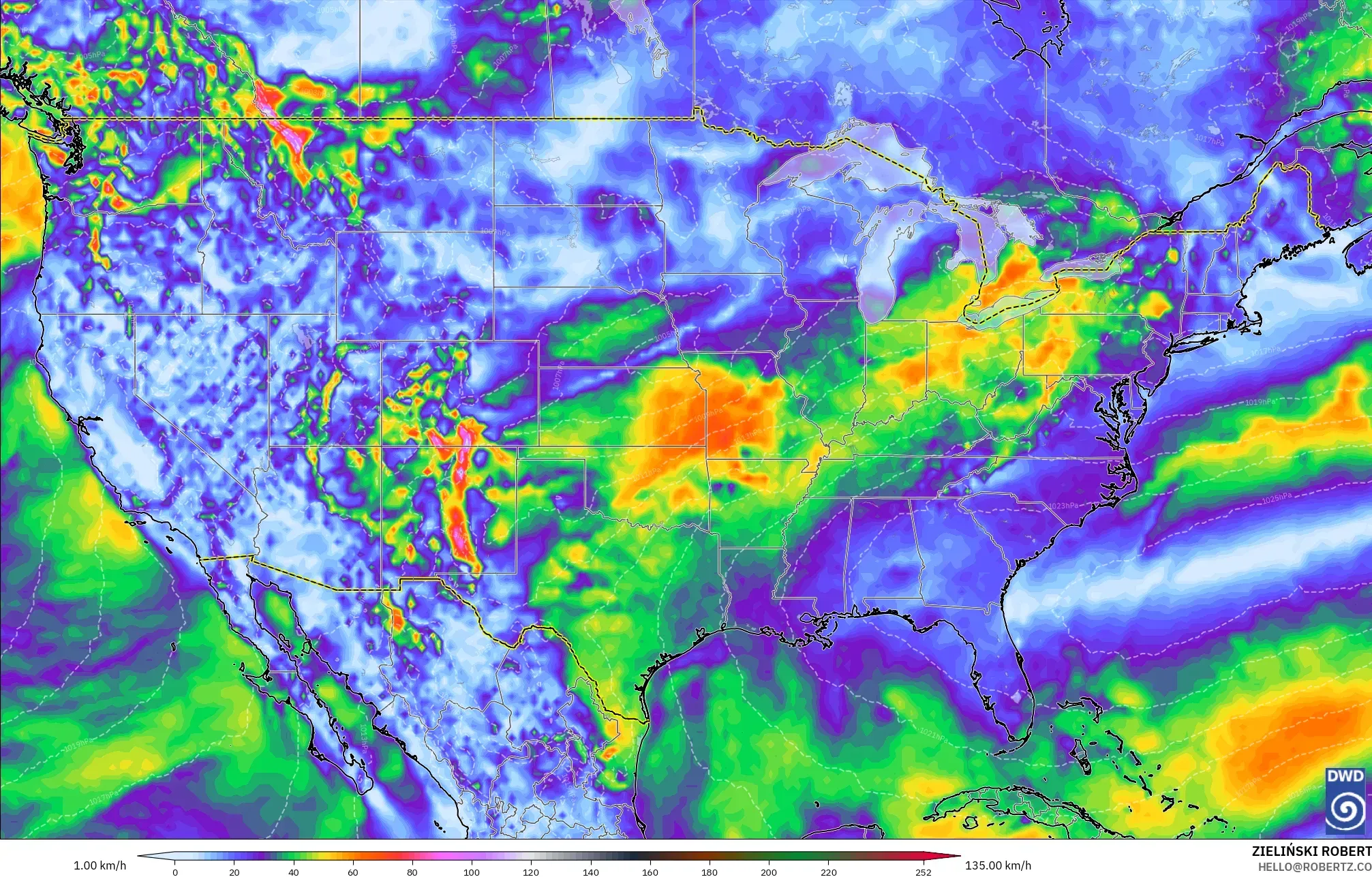ICON modelo - Estados Unidos, Ráfagas de viento