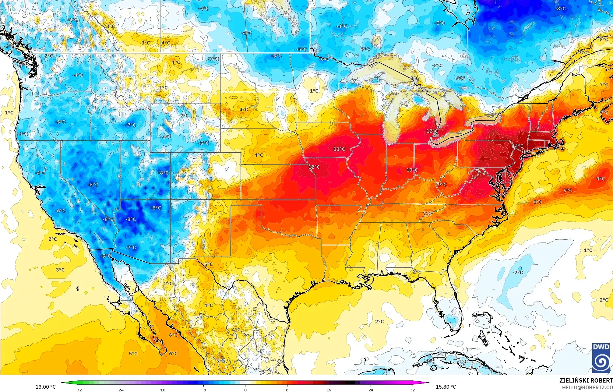 ICON modelo - Estados Unidos, Anomalía de temperatura a 2 m
