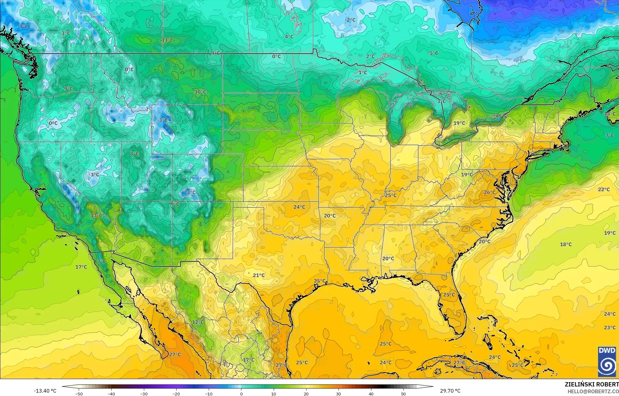 ICON modelo - Estados Unidos, Temperatura a 2 m