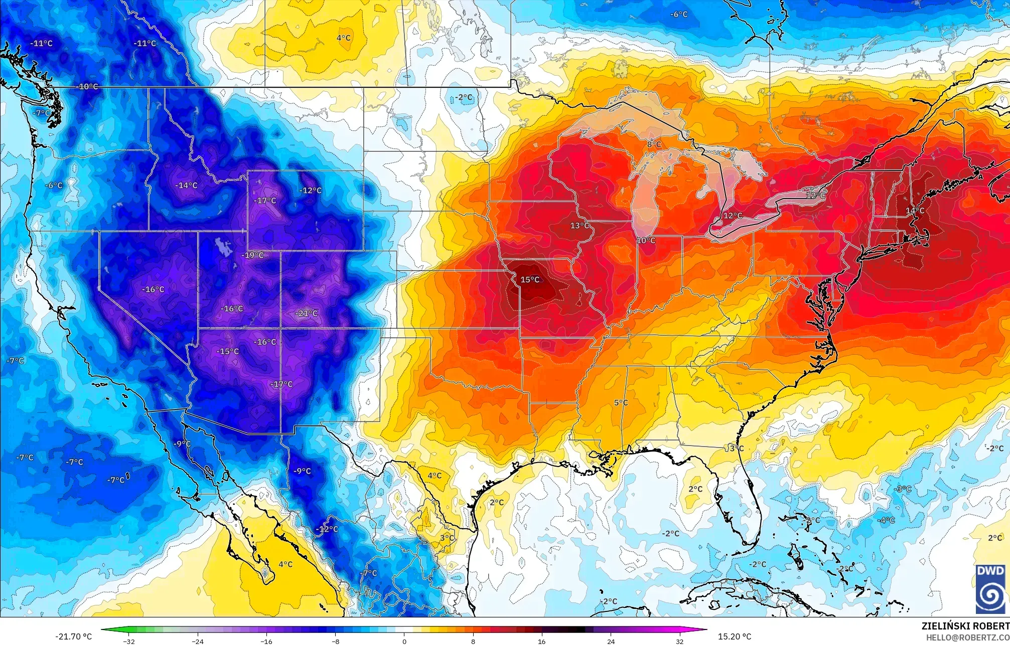 ICON modelo - Estados Unidos, Anomalía de temperatura a 850 hPa