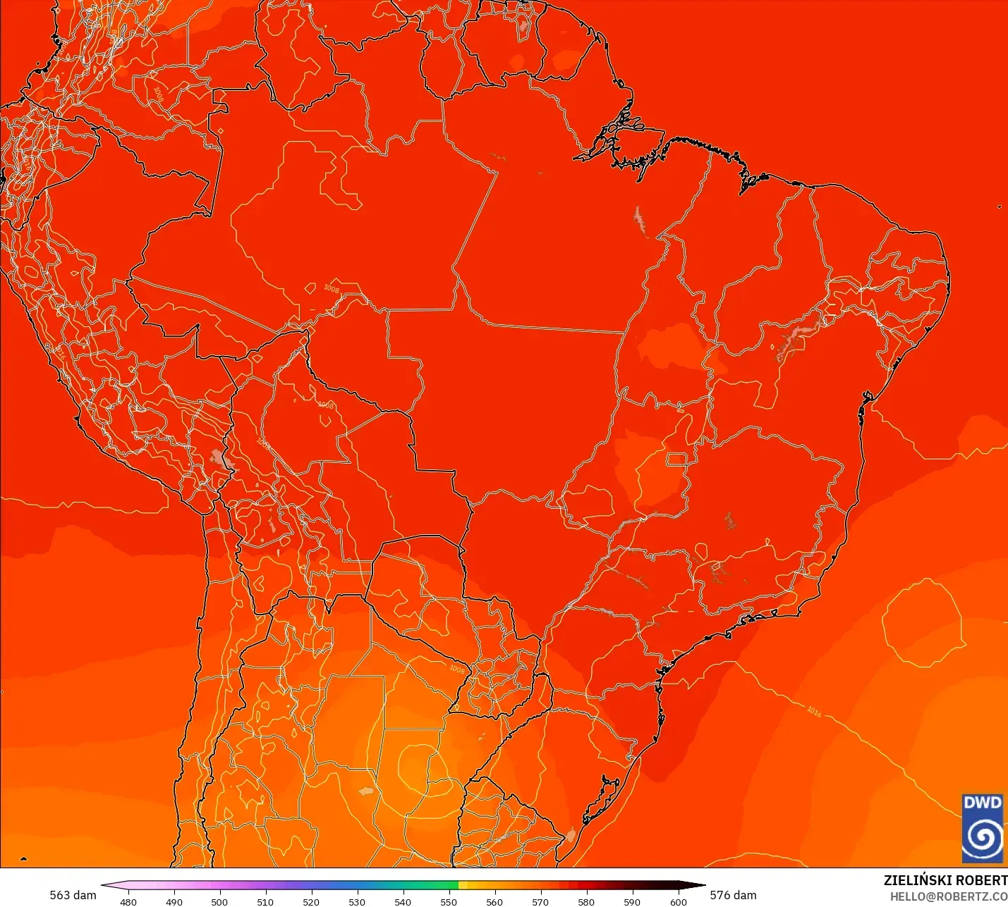 ICON modelo - Brasil, Altura geopotencial a 500 hPa