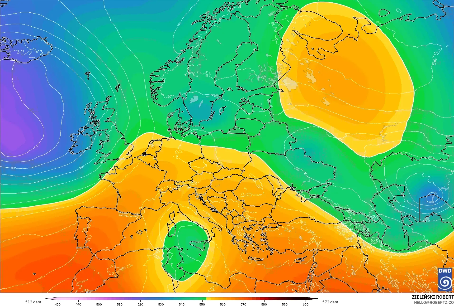 ICON modelo - Europa, Altura geopotencial a 500 hPa