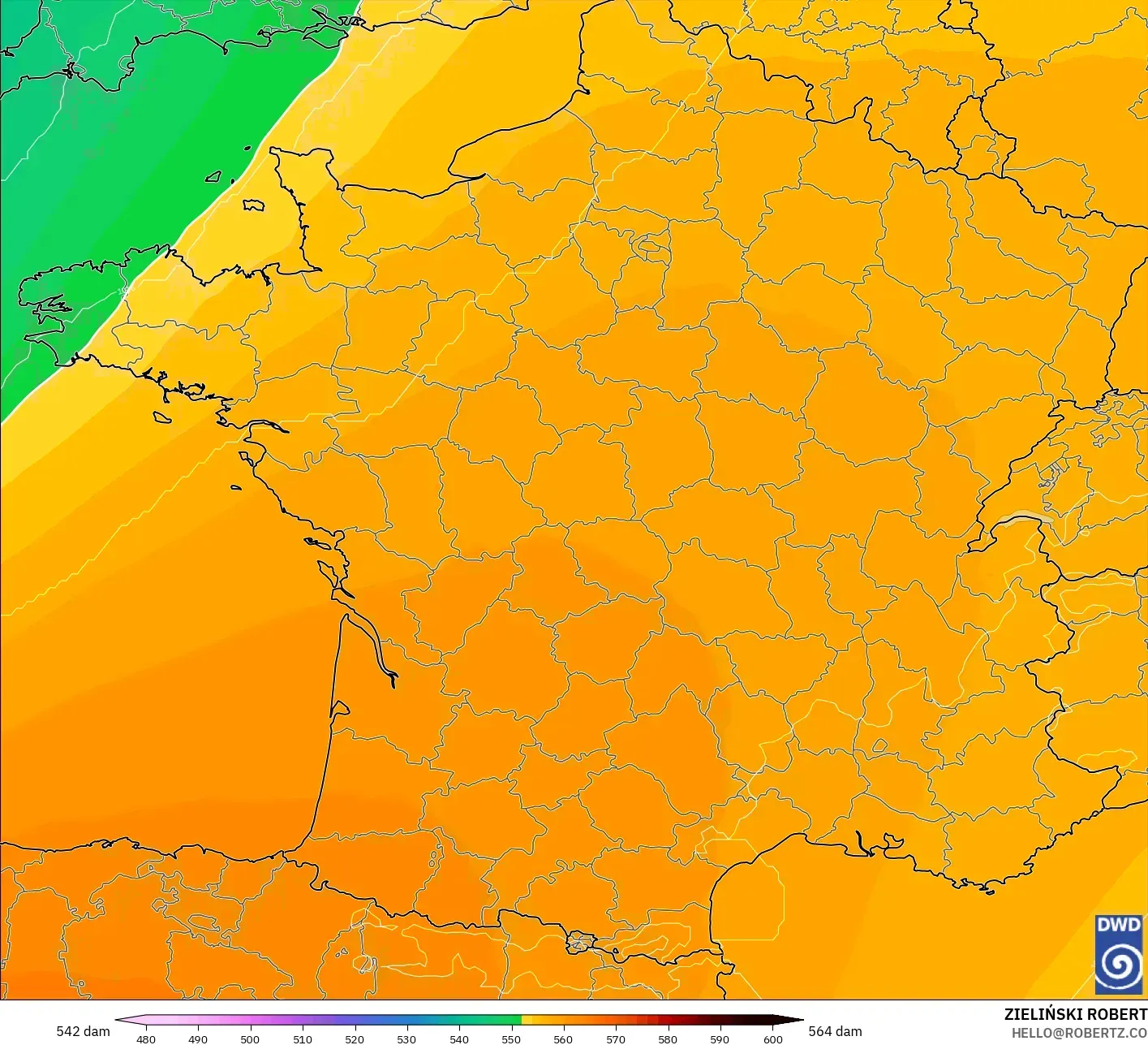 ICON modelo - Francia, Altura geopotencial a 500 hPa