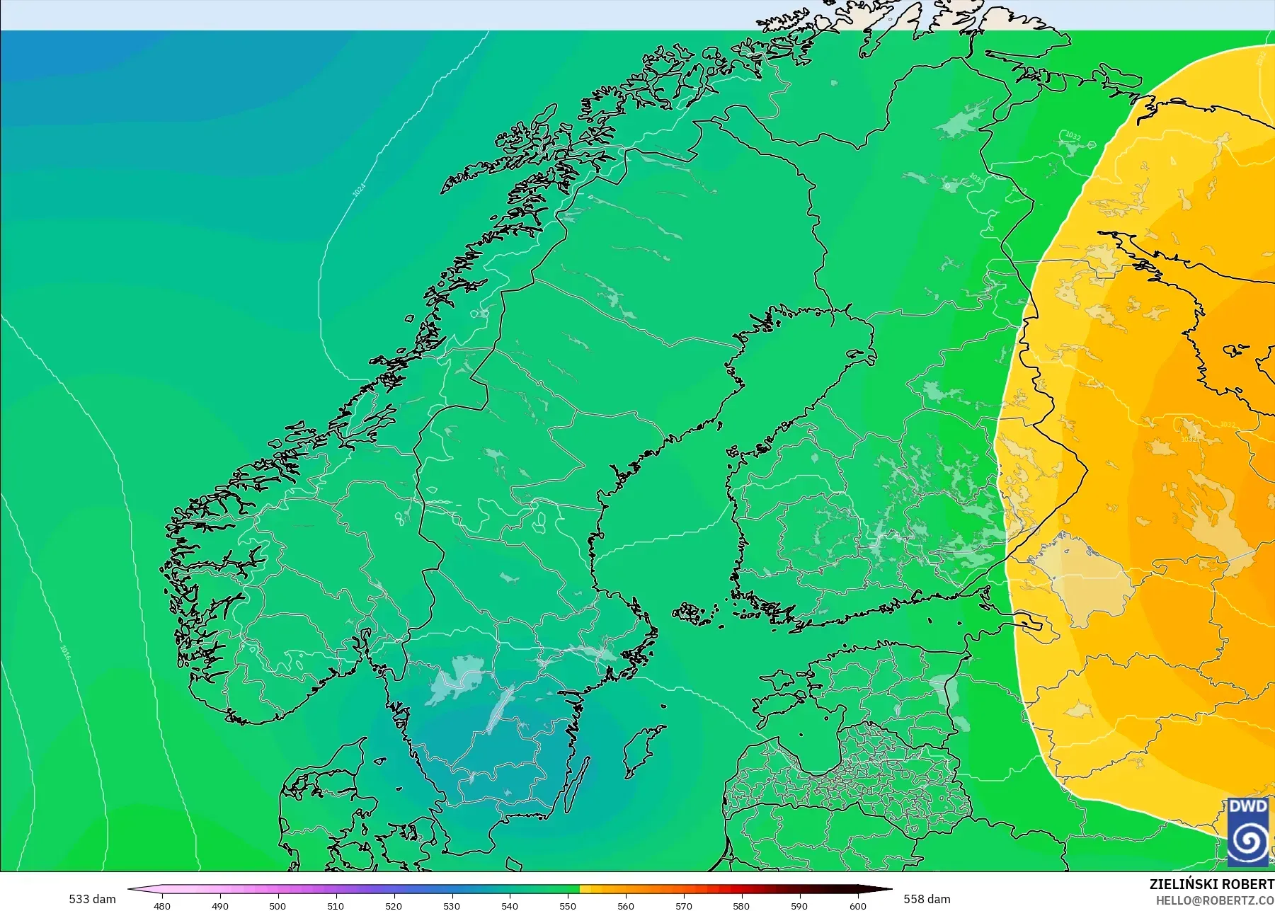 ICON modelo - Escandinavia, Altura geopotencial a 500 hPa