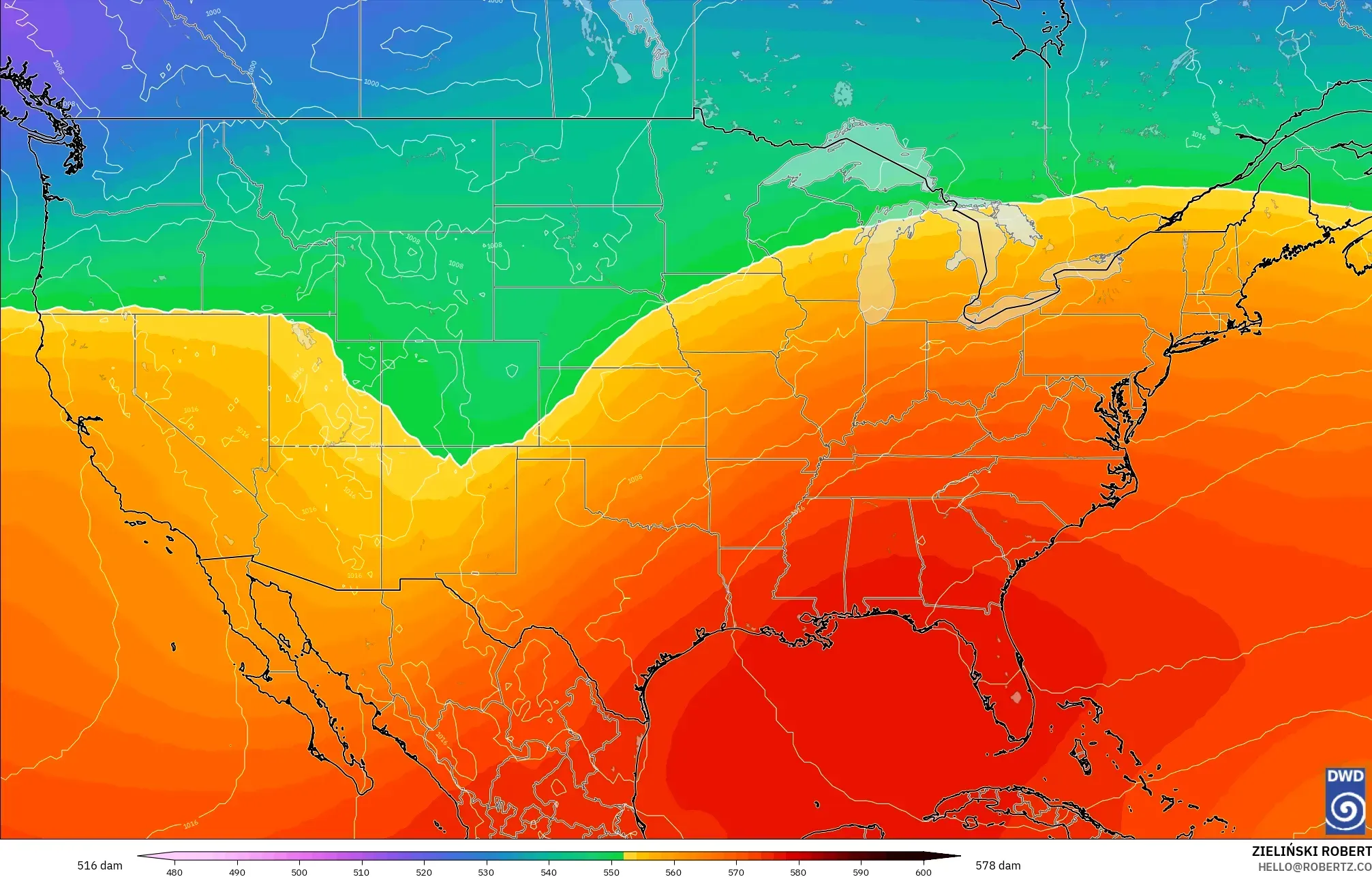 ICON modelo - Estados Unidos, Altura geopotencial a 500 hPa