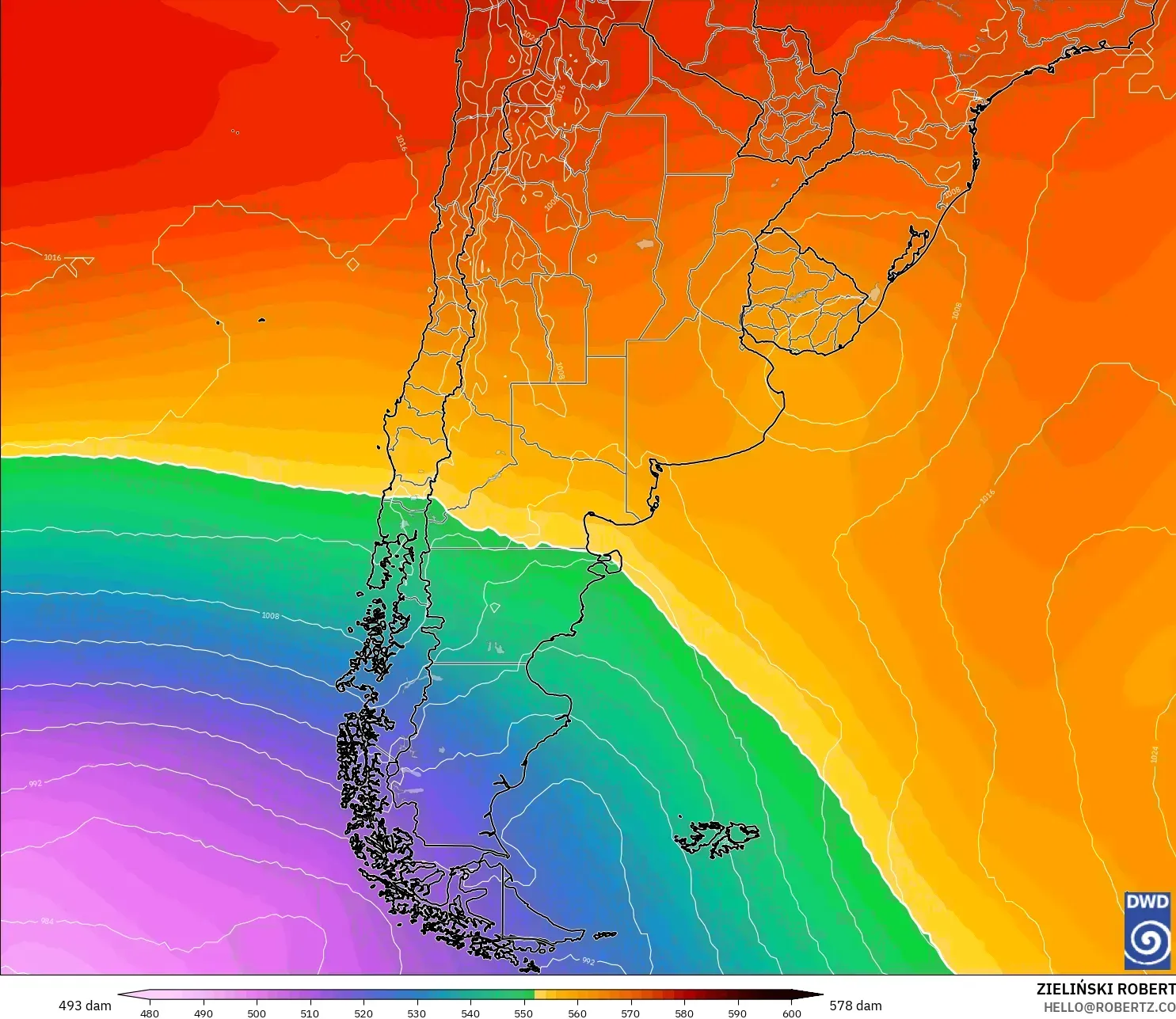 ICON modelo - Argentina, Altura geopotencial a 500 hPa