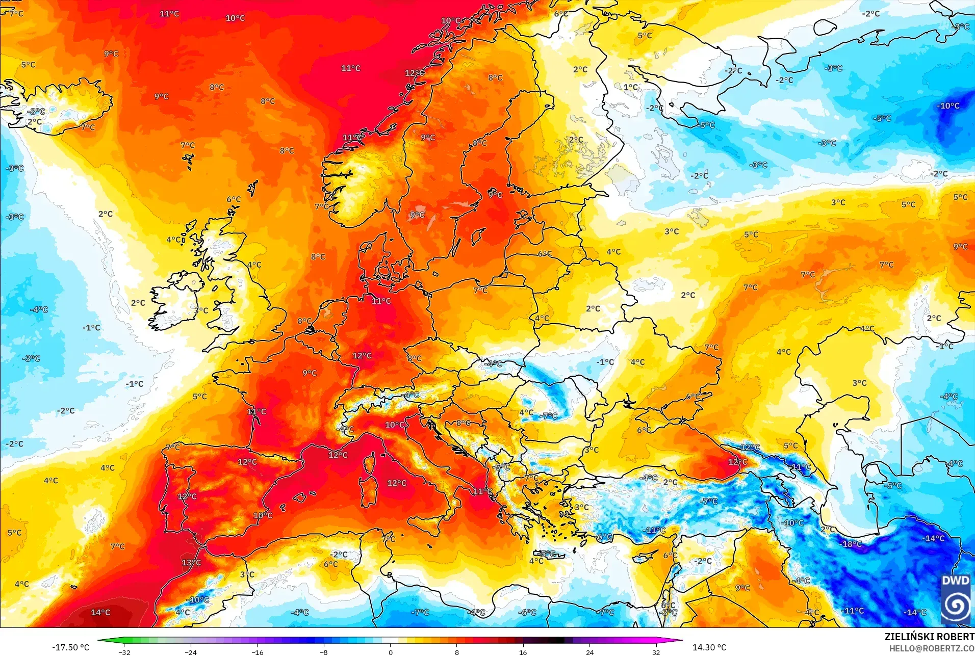 ICON modelo - Europa, Anomalía de temperatura a 850 hPa