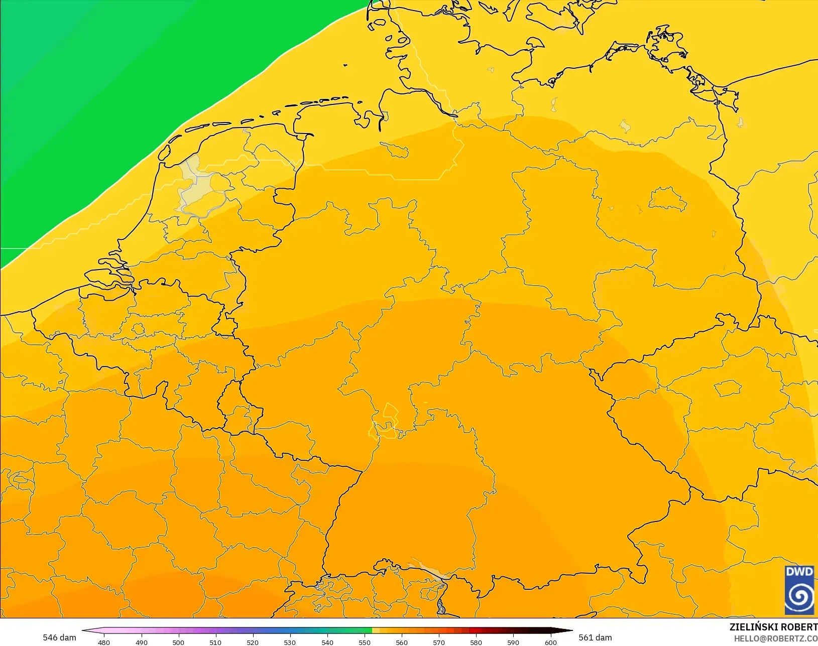 ICON modelo - Alemania, Altura geopotencial a 500 hPa