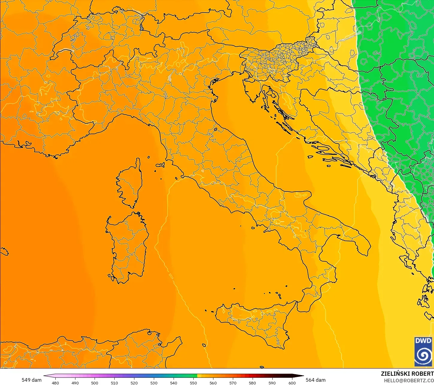 ICON modelo - Italia, Altura geopotencial a 500 hPa
