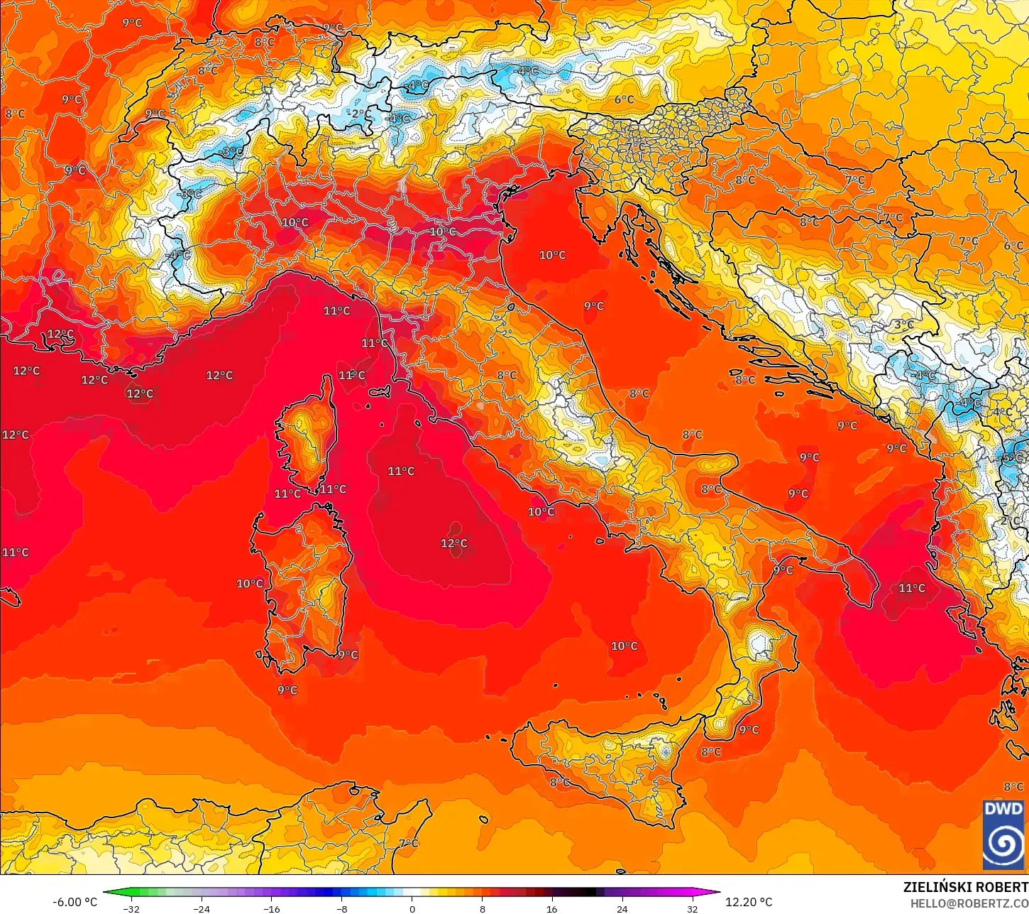ICON modelo - Italia, Anomalía de temperatura a 850 hPa