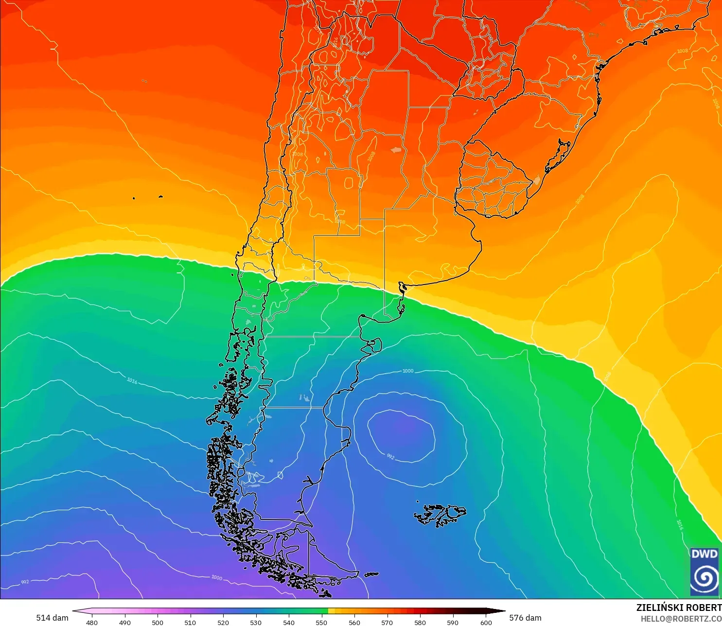 ICON modelo - Argentina, Altura geopotencial a 500 hPa