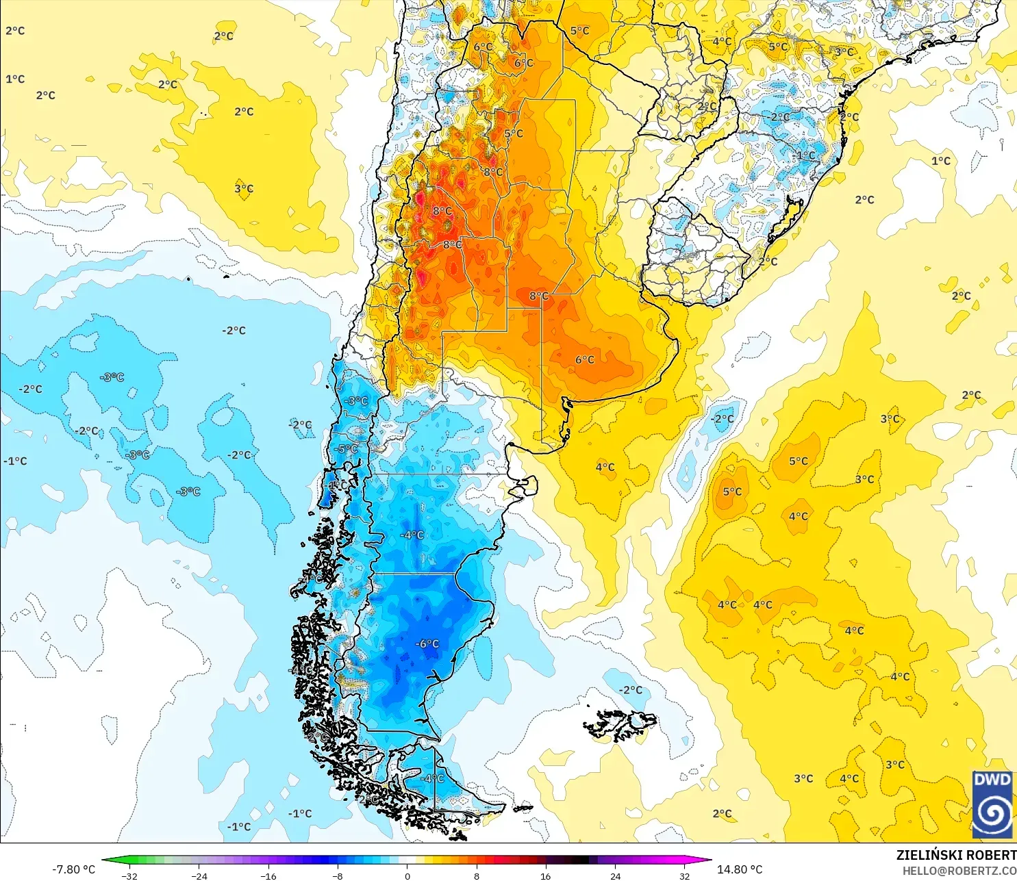 ICON modelo - Argentina, Anomalía de temperatura a 2 m