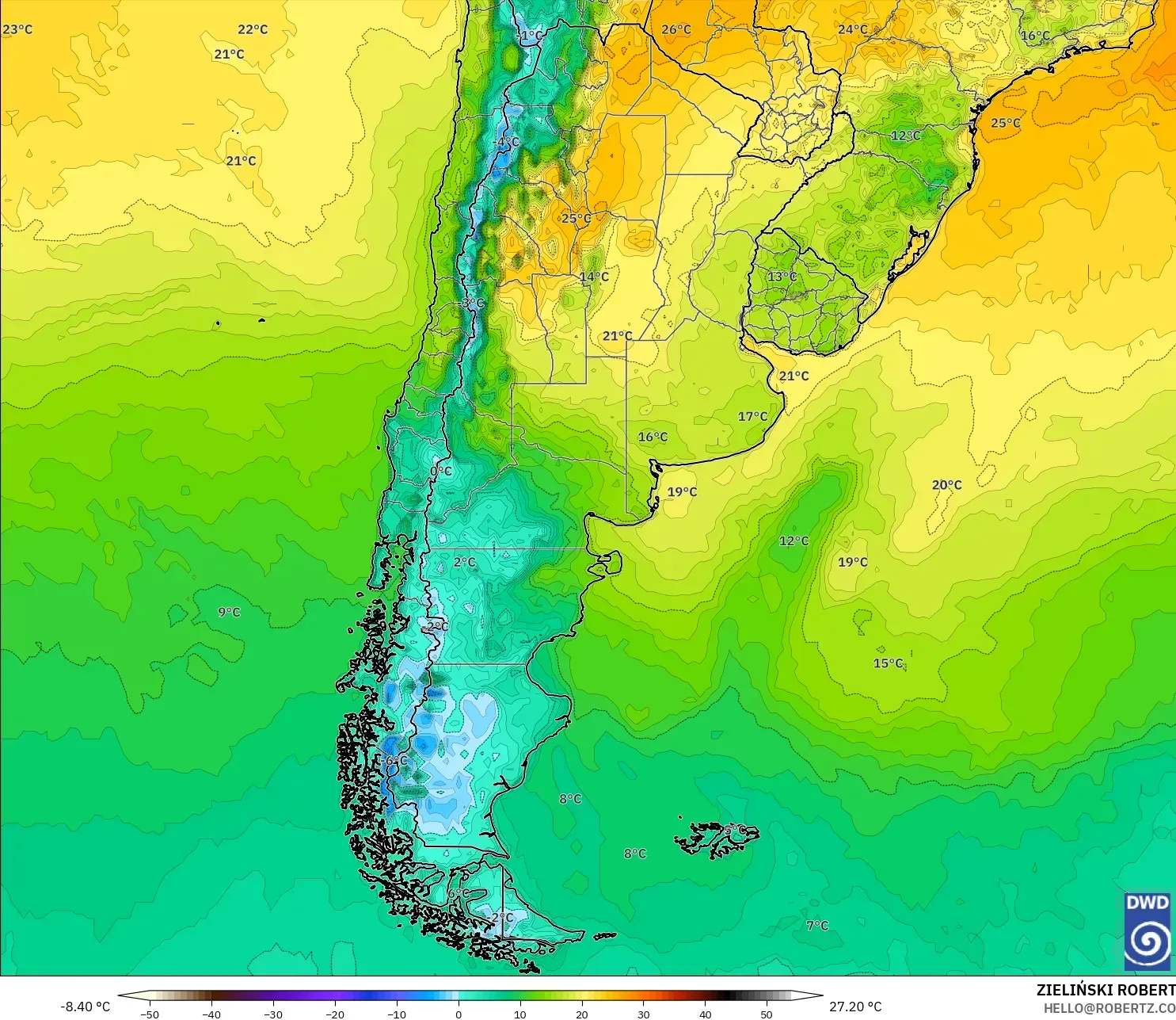 ICON modelo - Argentina, Temperatura a 2 m