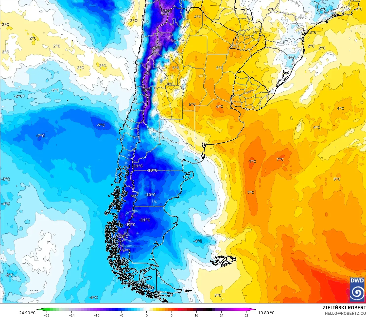ICON modelo - Argentina, Anomalía de temperatura a 850 hPa