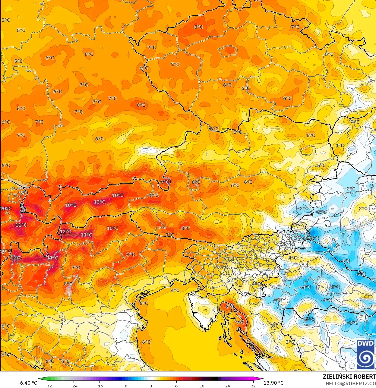 ICON modelo - Austria, Anomalía de temperatura a 2 m