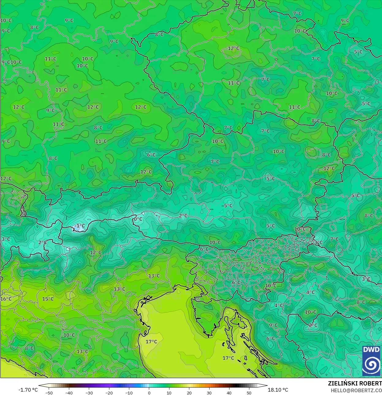 ICON modelo - Austria, Temperatura a 2 m