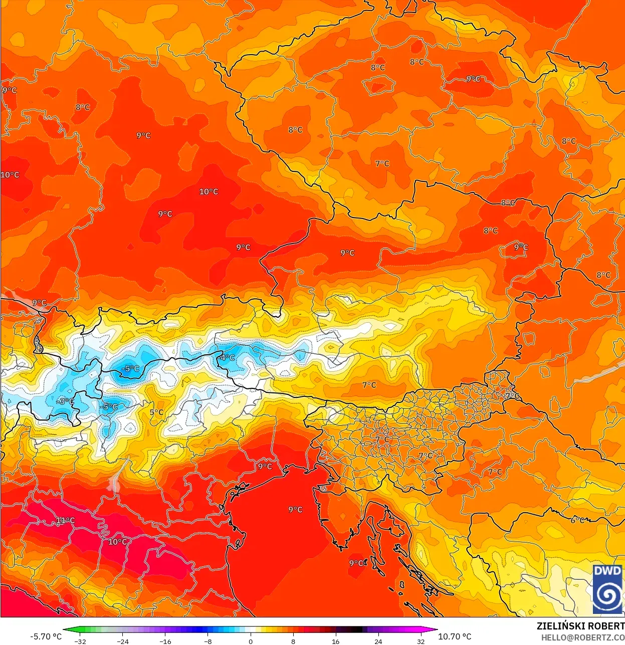 ICON modelo - Austria, Anomalía de temperatura a 850 hPa