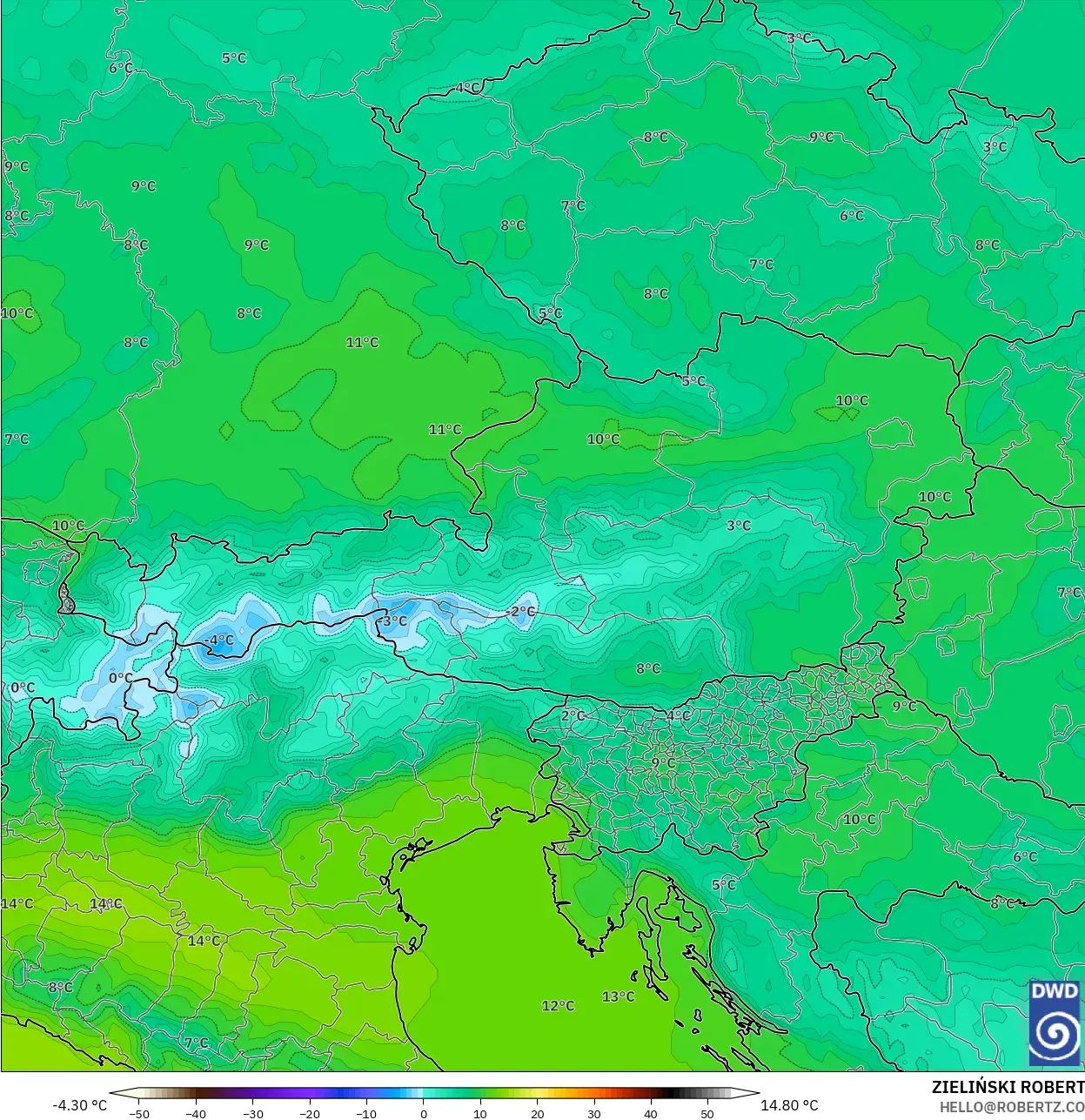 ICON modelo - Austria, Temperatura a 850 hPa