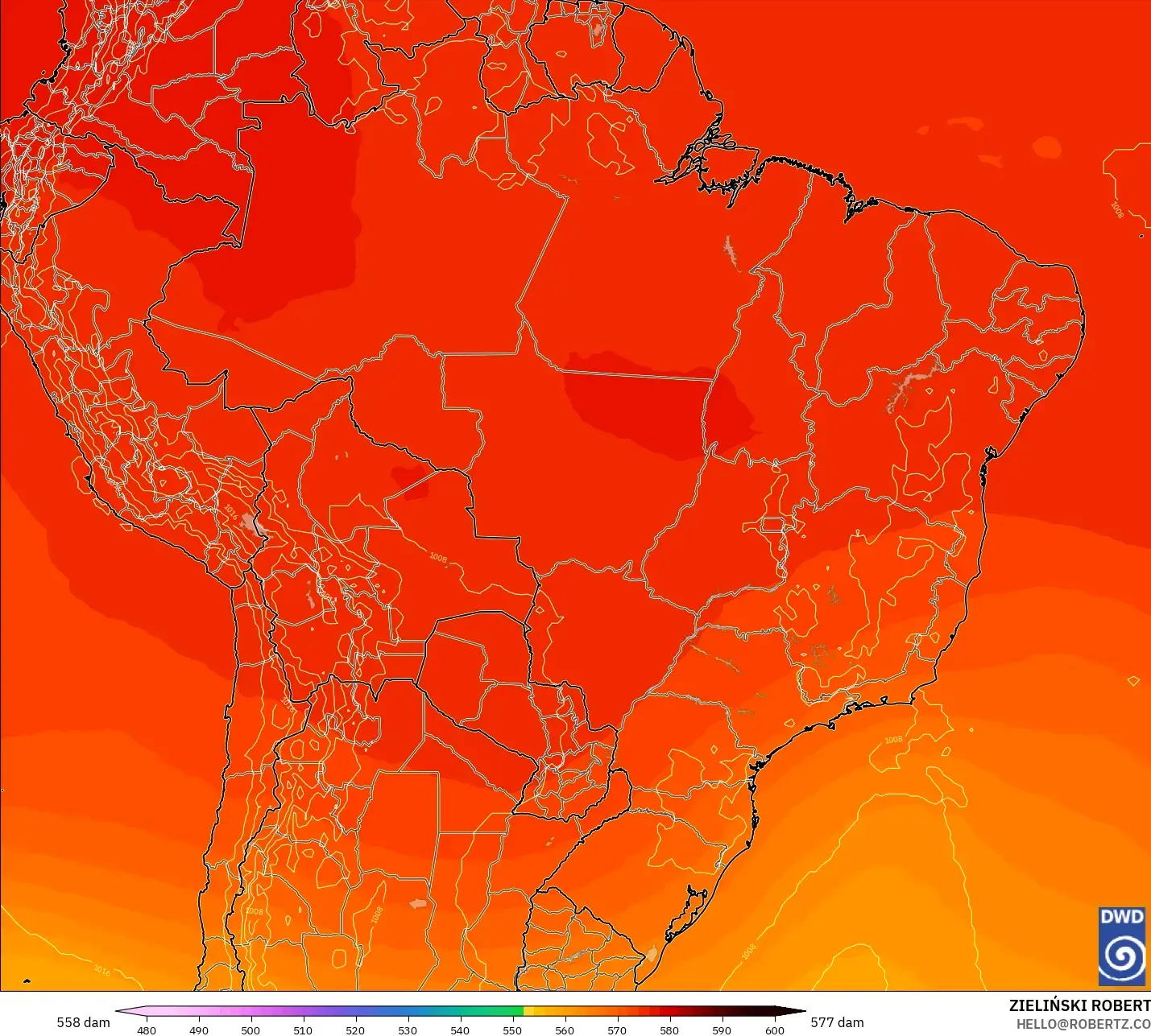 ICON modelo - Brasil, Altura geopotencial a 500 hPa