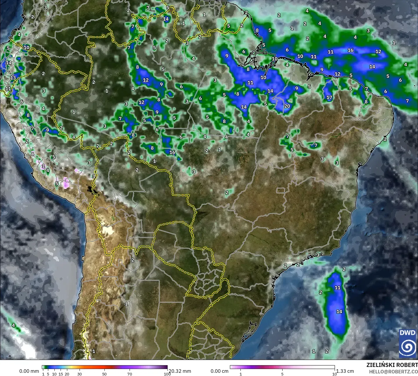 ICON modelo - Brasil, Precipitación, nubes y presión