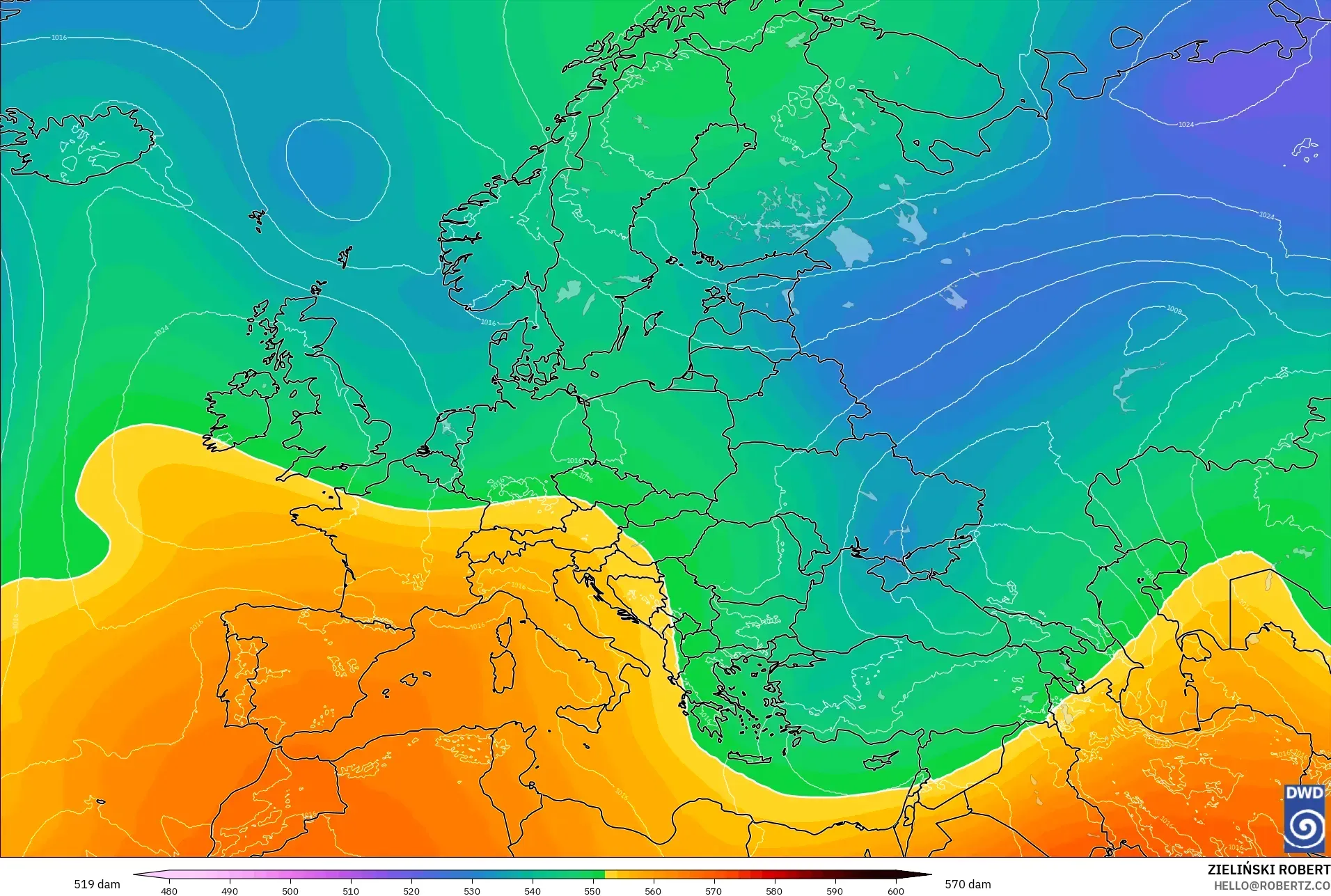 ICON modelo - Europa, Altura geopotencial a 500 hPa